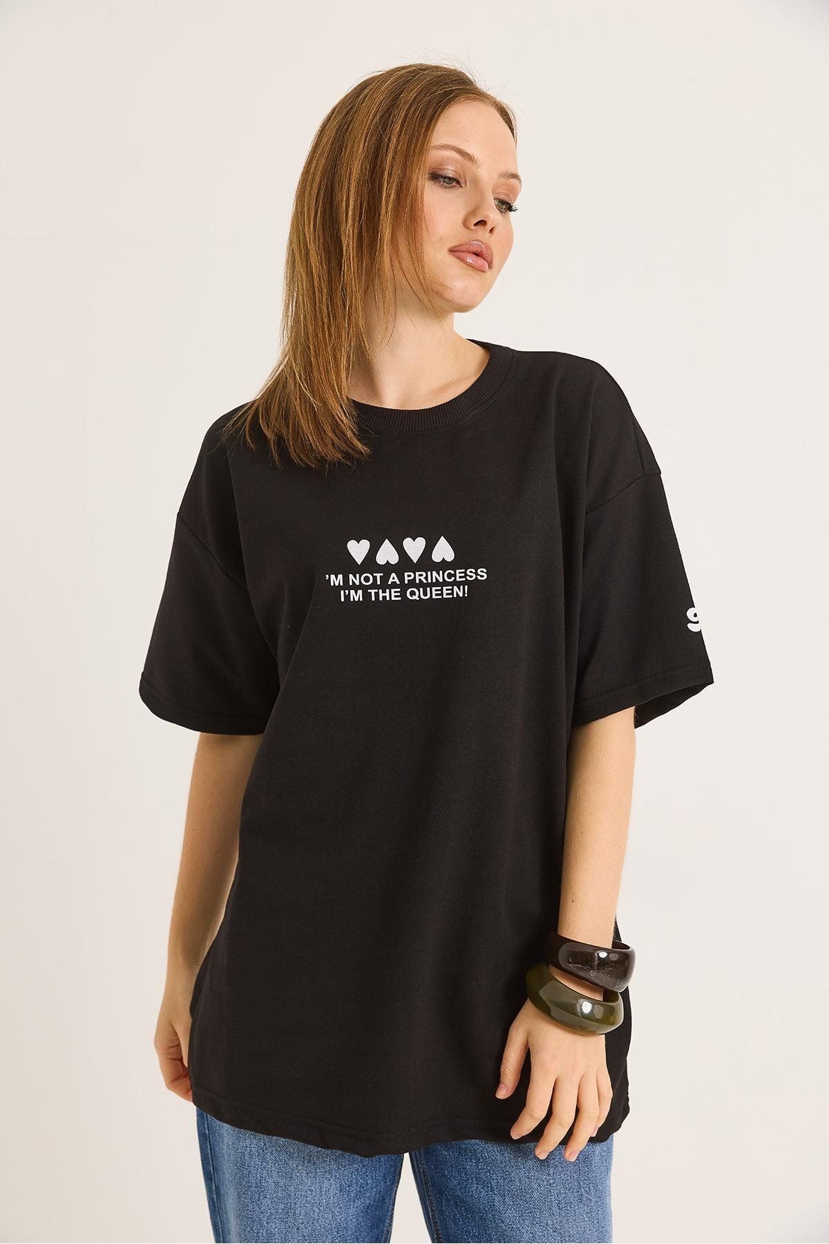 Raneel Kazançlı Alışveriş Bisiklet Yaka Baskılı Oversize Tshirt Siyah