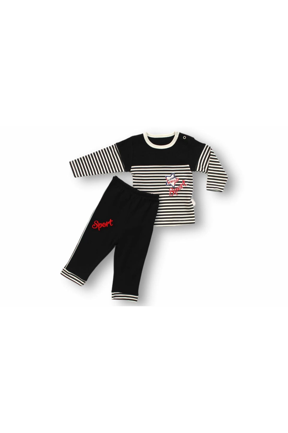 Shop58 18-24 Sport Baskılı Çizgili Uzun Kollu Sweatli 2li Erkek Bebek Takımı Siyah