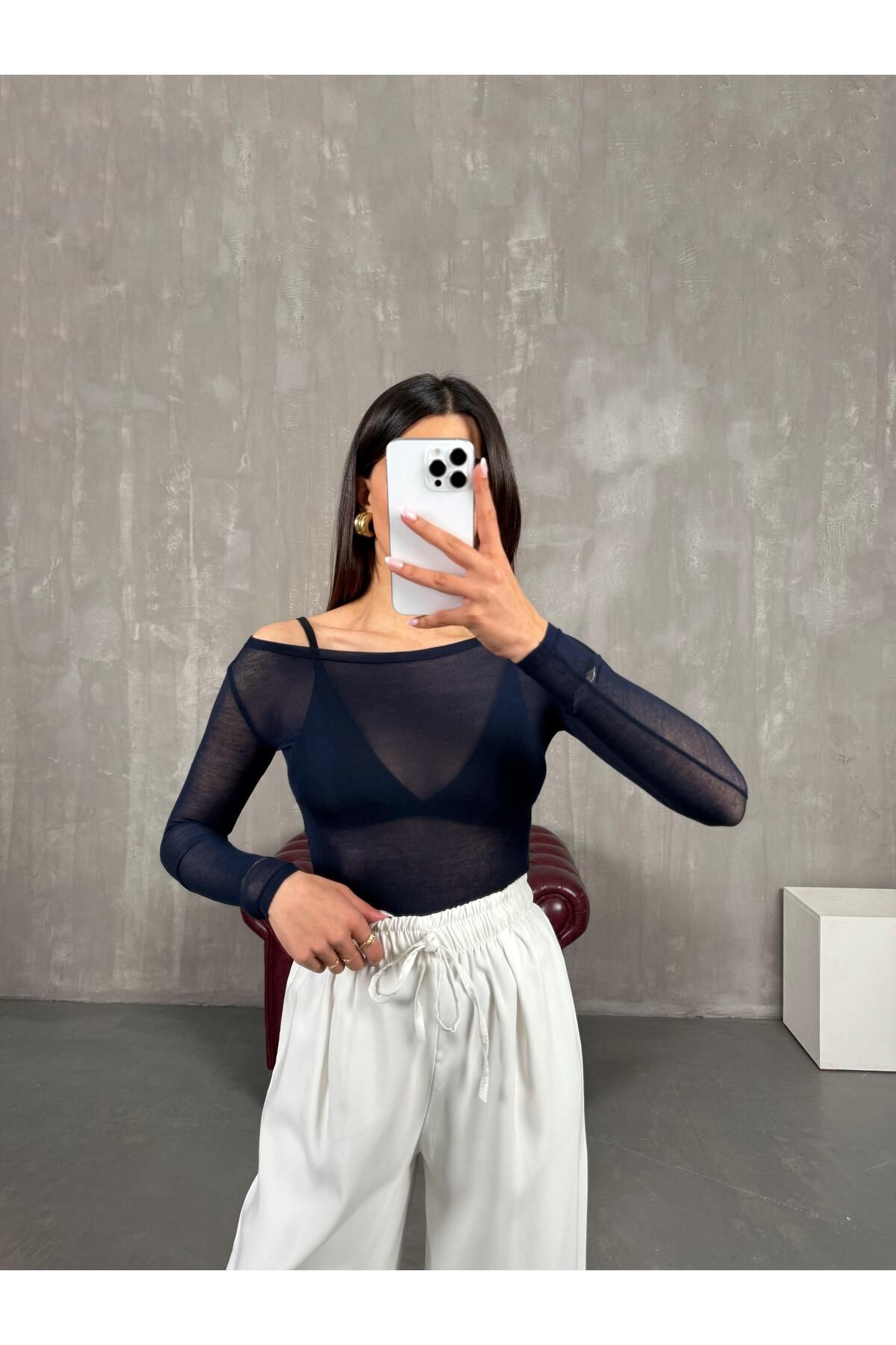 Gaus Lacivert Transparan Kaşmir Dokulu Bluz Gaus00272