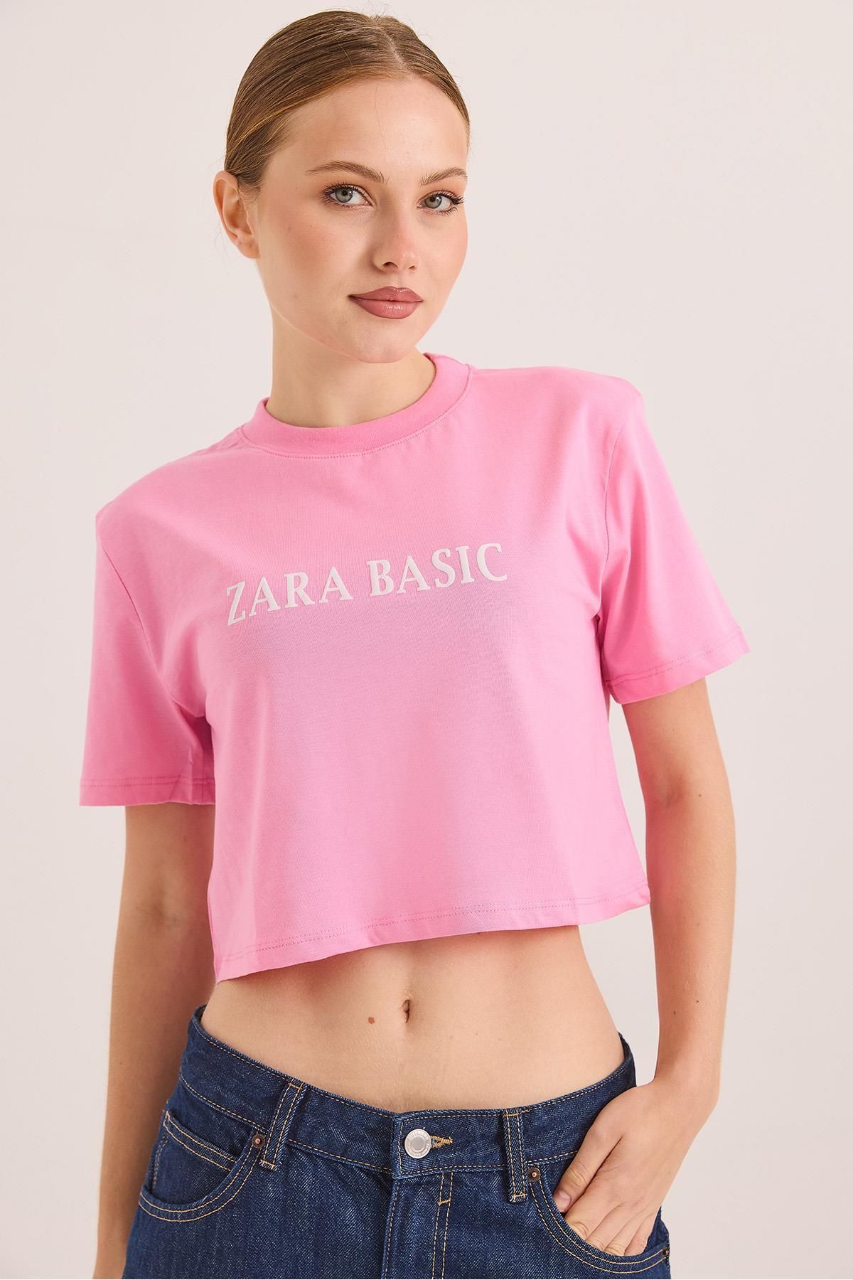 Raneel Kazançlı Alışveriş Baskılı Kısa Kol Pamuk Crop Tshirt Pembe