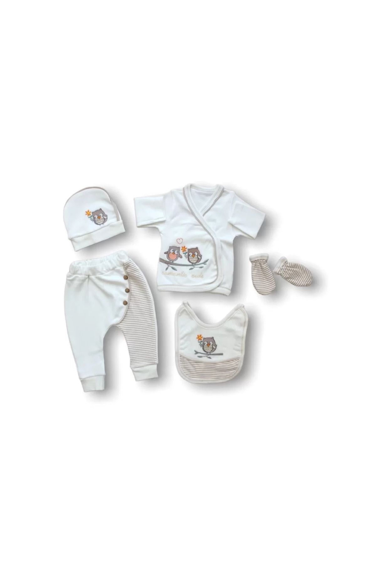 Shop58 Romantik Çift Baykuş Nakışlı %100 Cotton Antibakteriyel 5li Zıbın Takımı Hastane Çıkışı Ekru