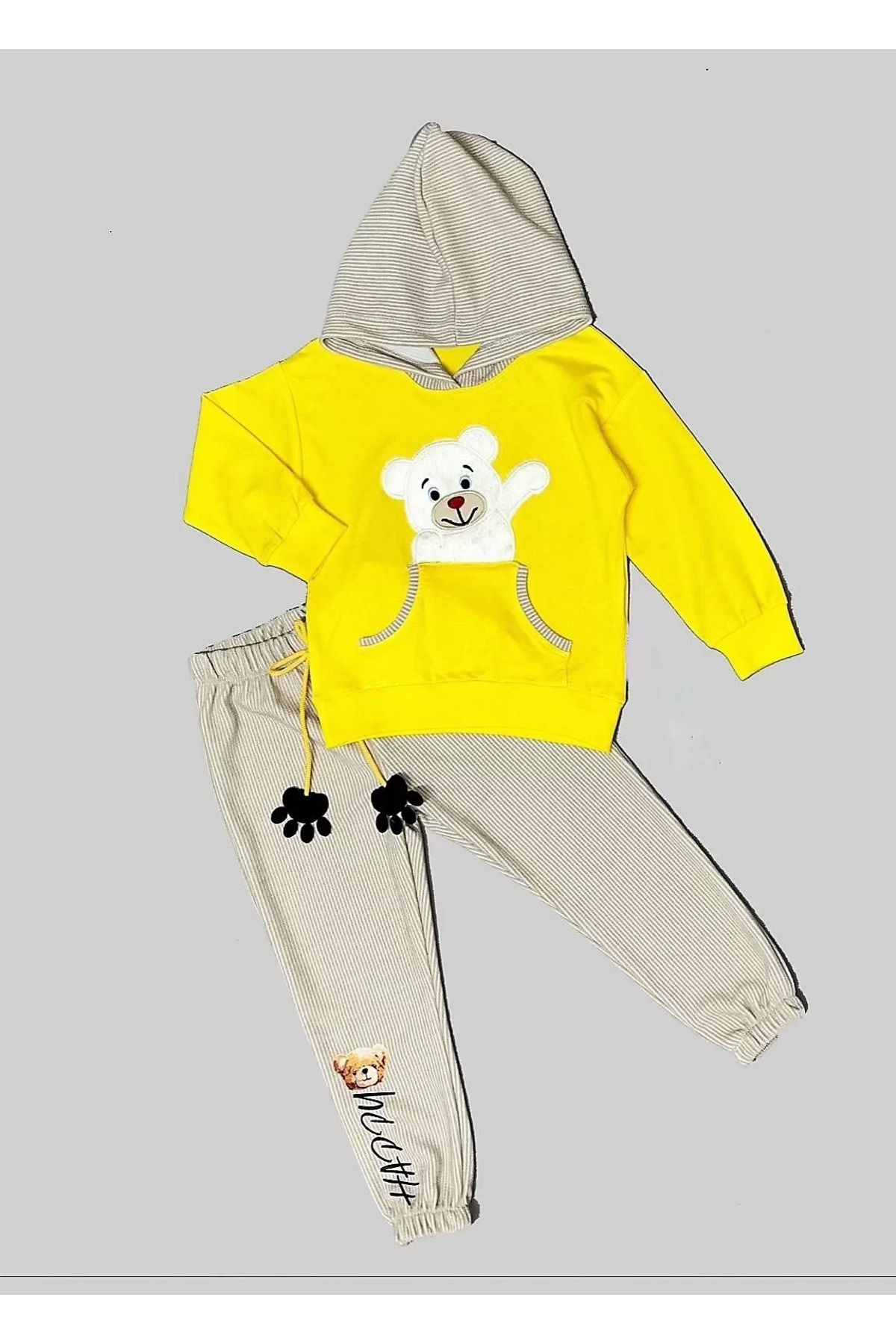 Shop58 Pelüş Ayı Desenli Kapşonlu Uzun Kollu Penye Sweat 2li Erkek Çocuk Takımı Sarı