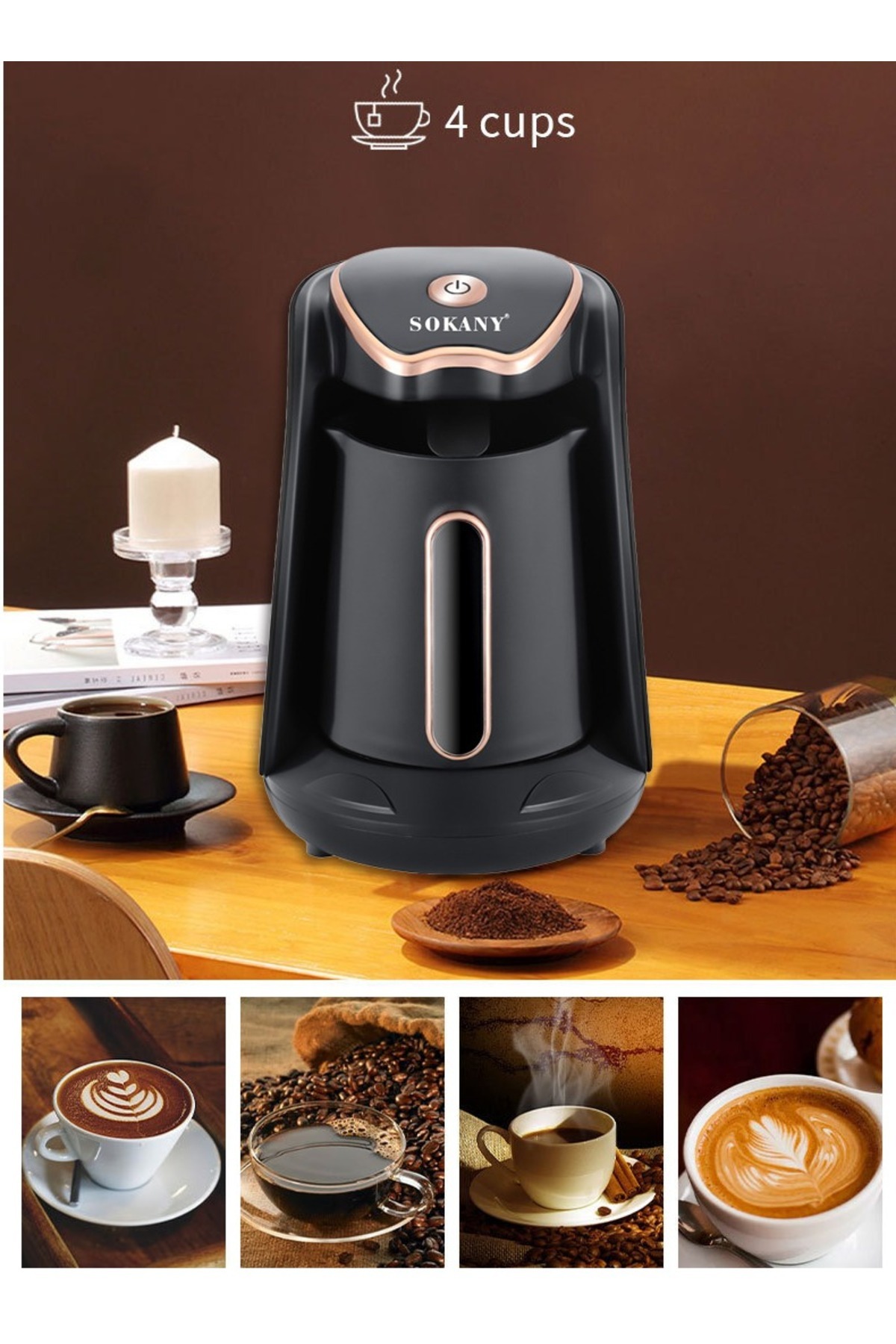 SOKANY-4 Cups Electric Turkish Coffee Maker and Hot Beverage Maker,600W, Slow brew function SK-04008 Black 3