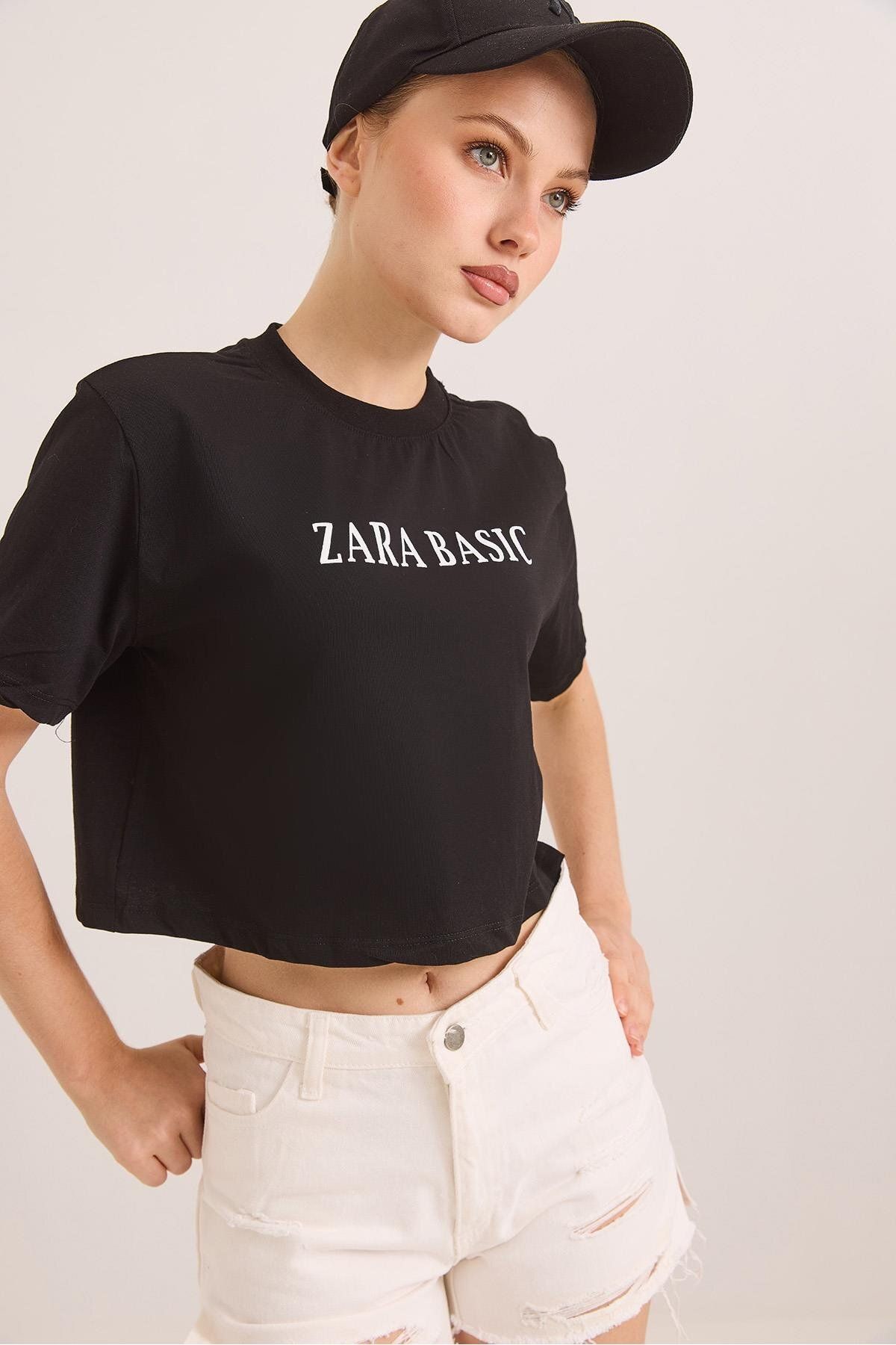 Raneel Kazançlı Alışveriş Baskılı Kısa Kol Pamuk Crop Tshirt Siyah