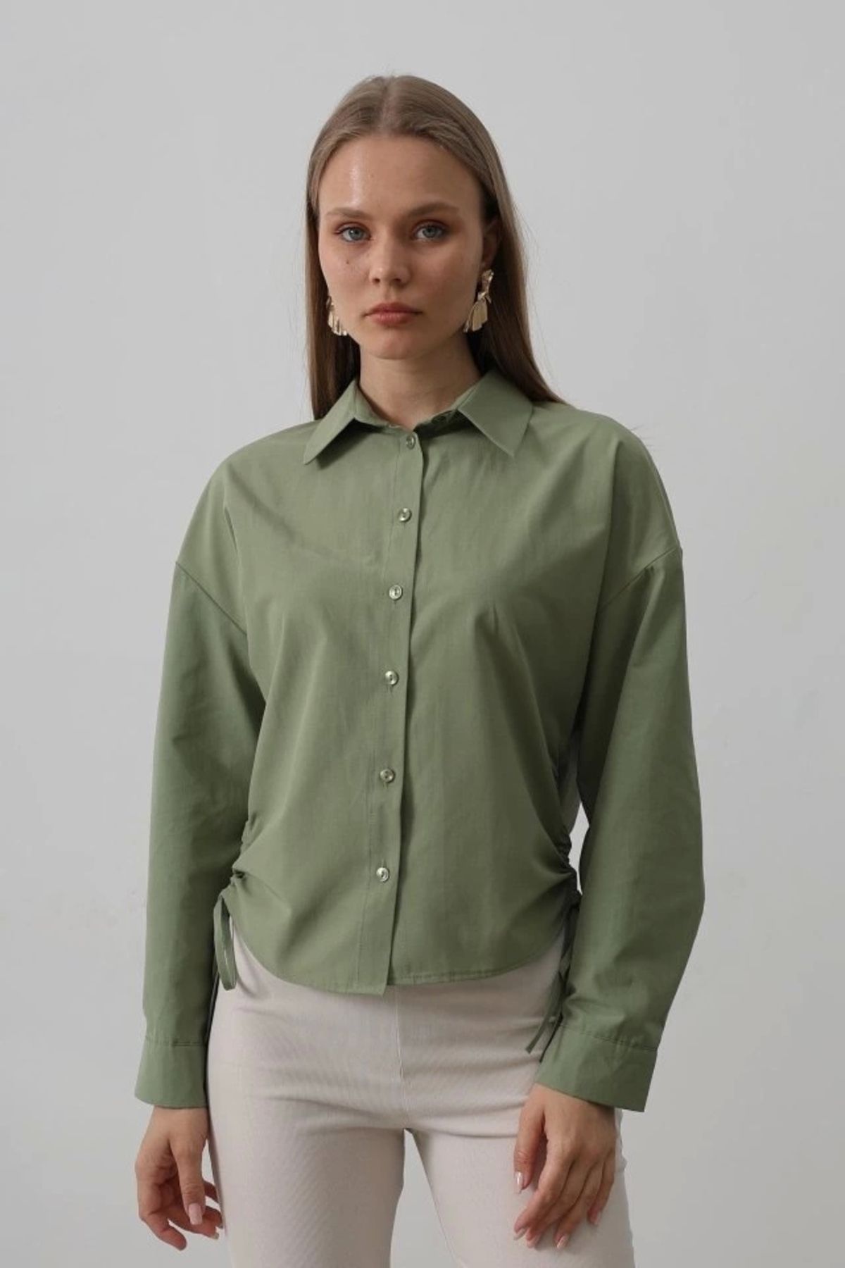 Butik Yanları Bağlamalı Basic Gömlek - Haki
