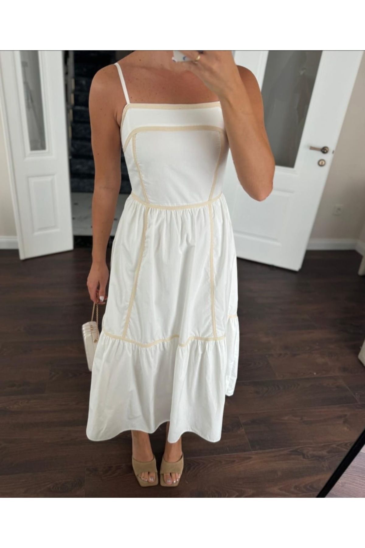 Kese Fashion Store Beyaz Balıksırtı Biyeli Astarlı Elbise