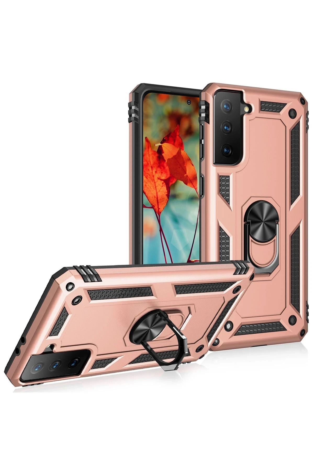 NewFace Samsung Galaxy S21 Plus Kılıf Sofya Yüzüklü Silikon Kapak - Rose SVLRS