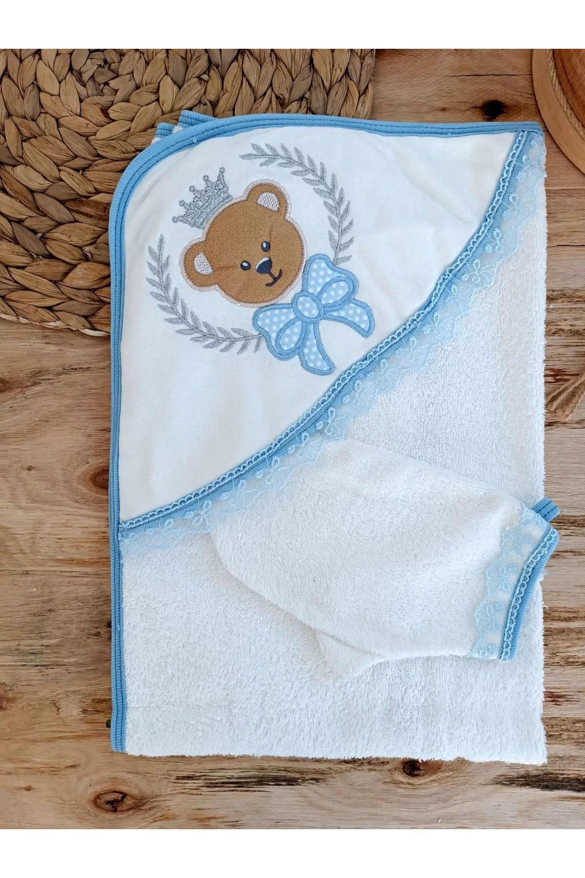 Shop58 Bear Nakışlı El Keseli 2li Erkek Bebek Havlu Takımı Mavi