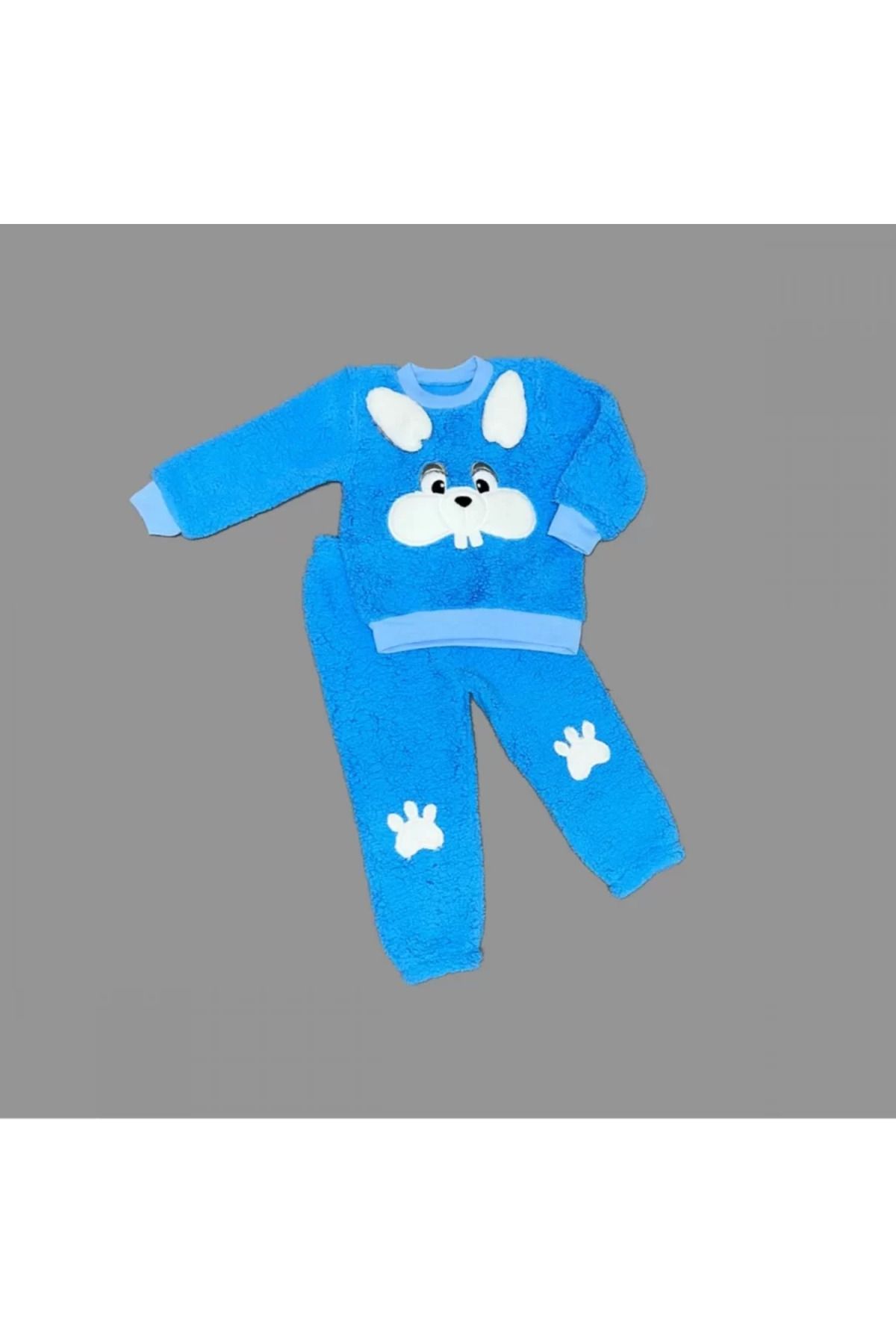 Shop58 Kulaklı Tavşan Figürlü Kuzu Kumaş Sweat Pantolon Uzun Kollu Kız Erkek 2 Li Takımı Saks Mavisi