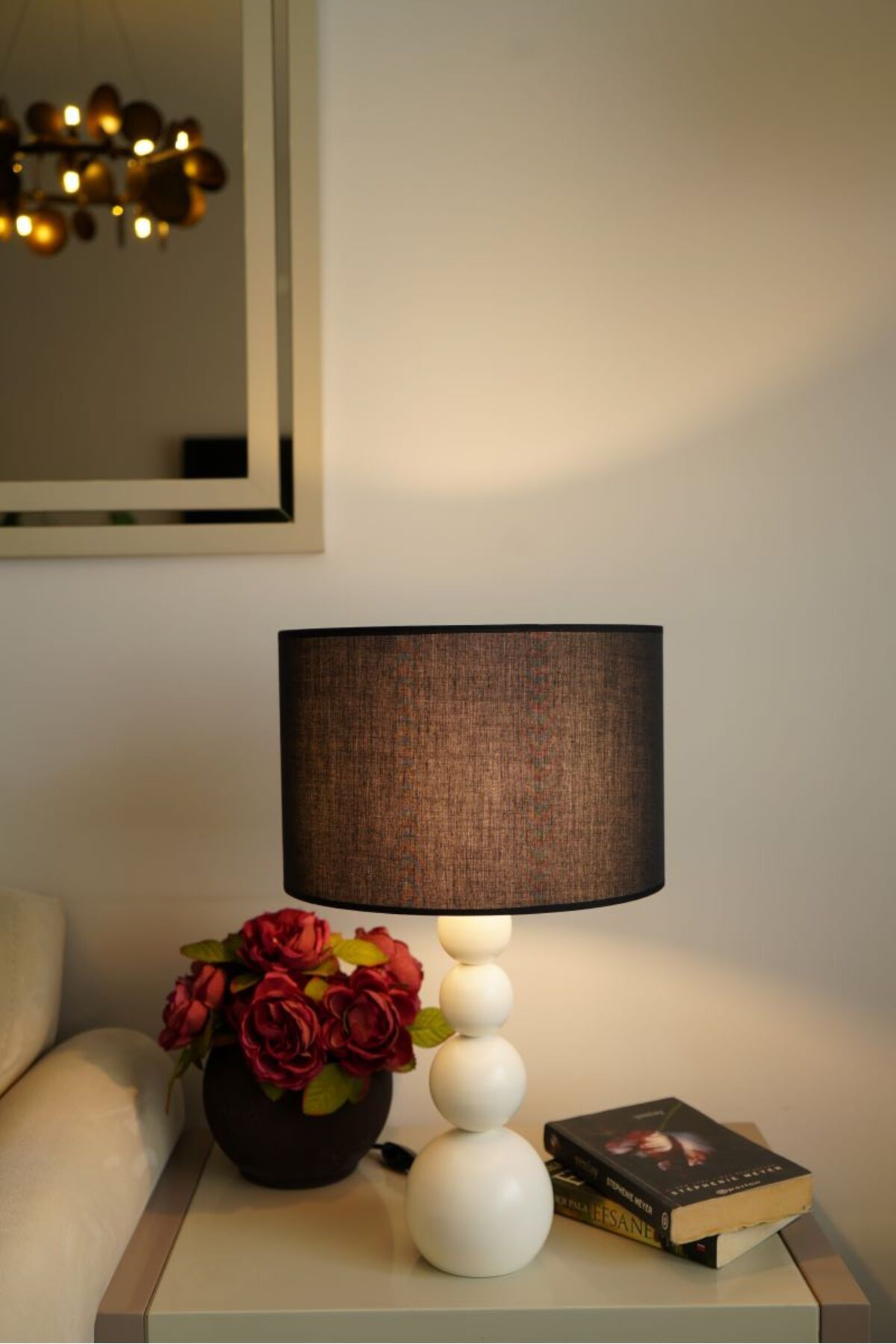 retro home design Krem Ayaklı Silindir Siyah Kumaşlı Masa Lambası Abajur Salon Yatak Odası