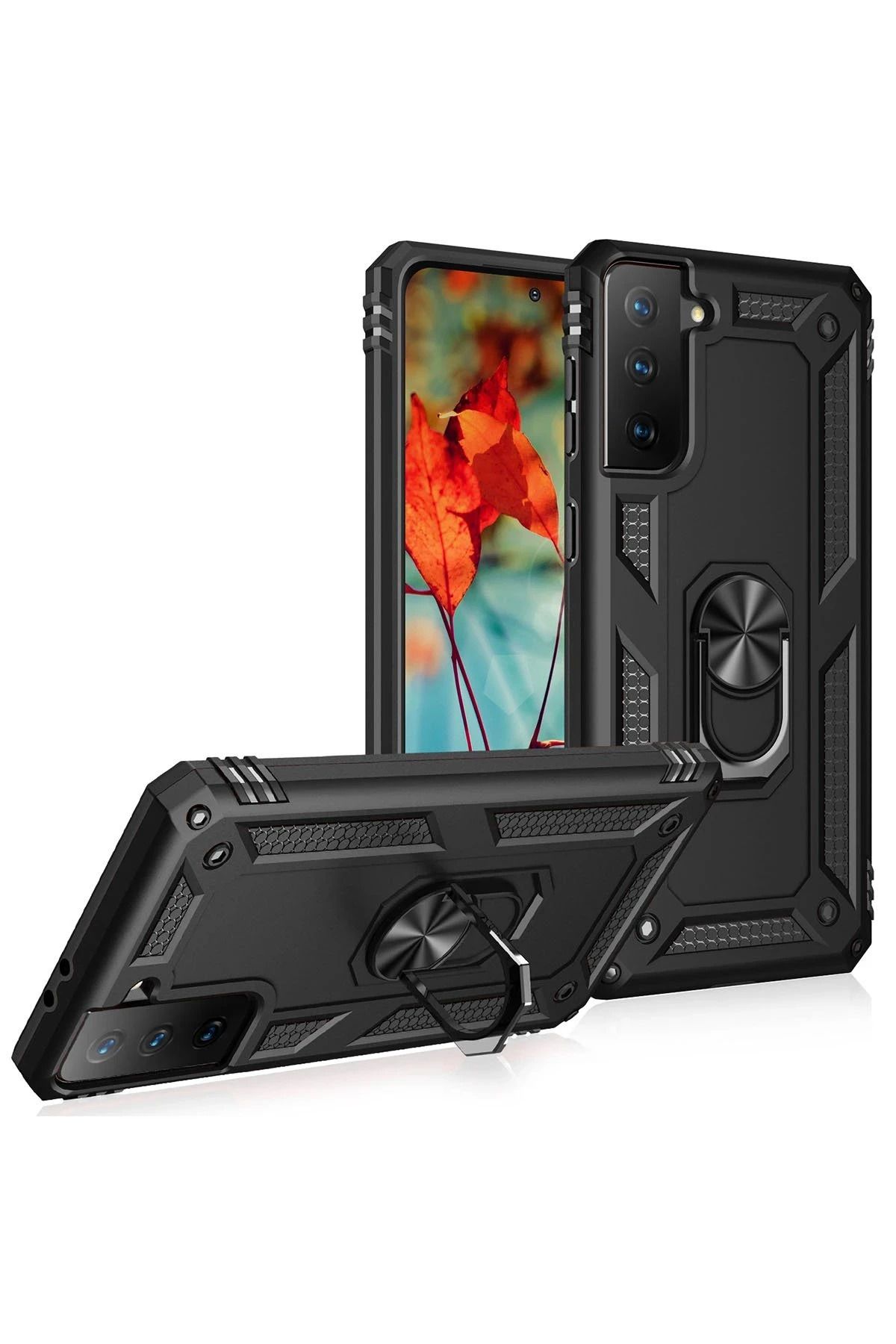 NewFace Samsung Galaxy S21 Kılıf Sofya Yüzüklü Silikon Kapak - Siyah SVLRS