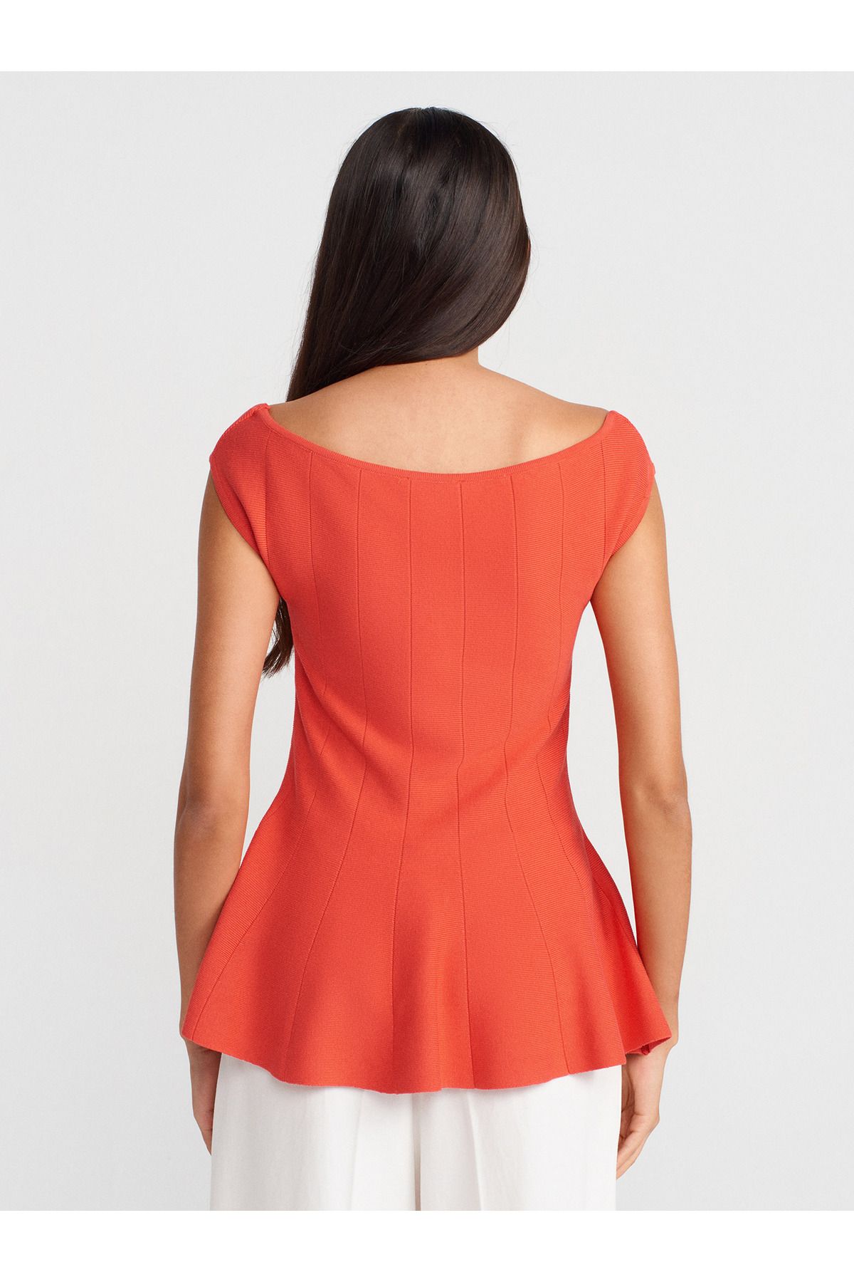 Dilvin-10741 Boat Neck Flounced Knitwear Blouse-A.Red 2