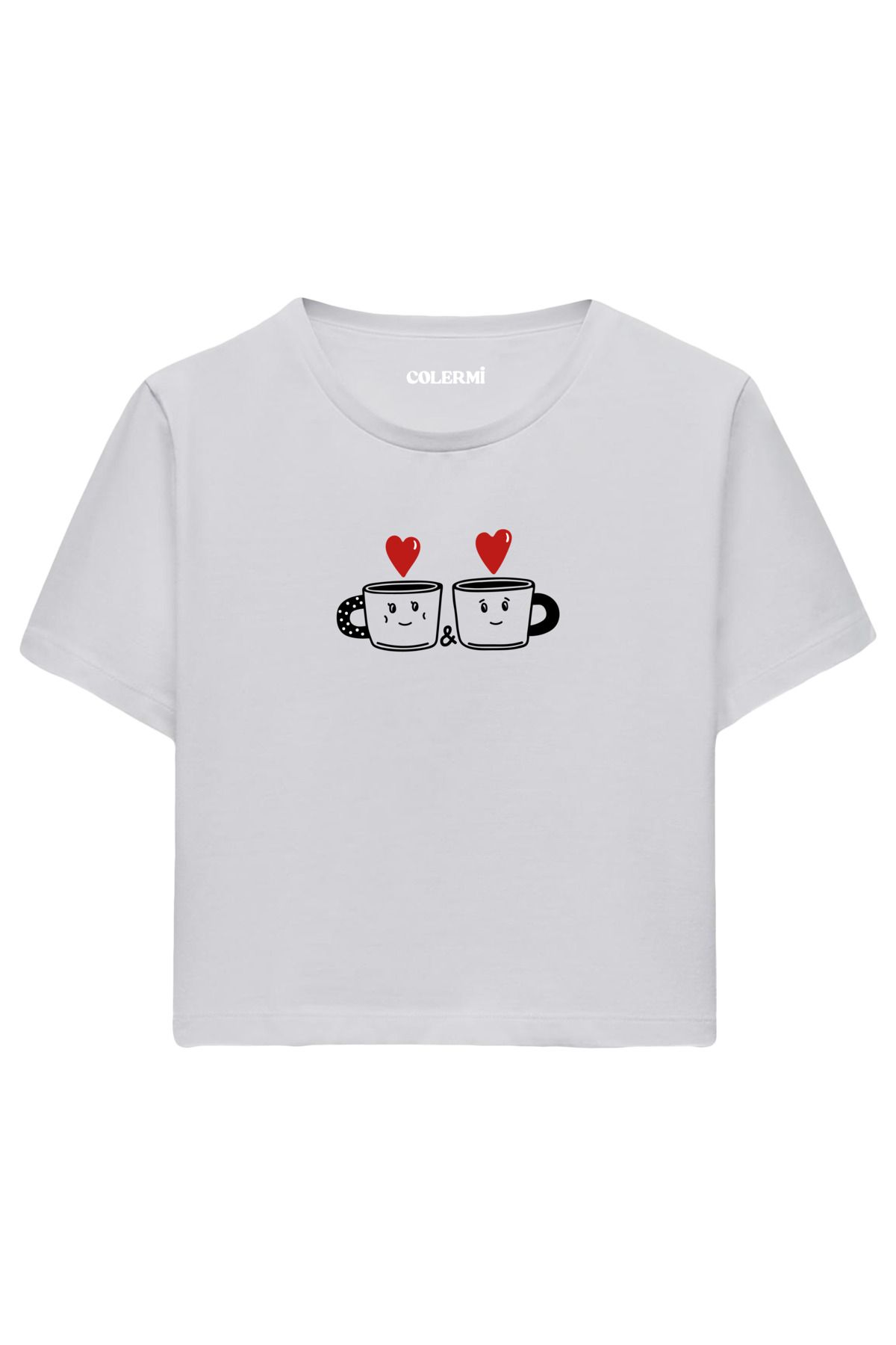 Colermi Kalpli Kahve Fincanı Baskılı %100 Pamuk Kadın Crop Tshirt