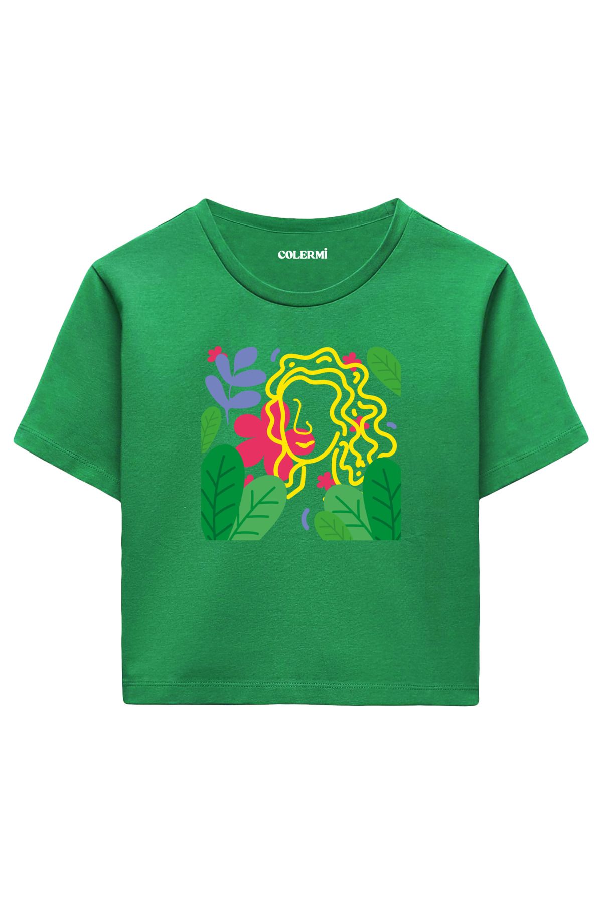 Colermi Çiçekler Arasında Kadın Yüzü Baskılı %100 Pamuk Kadın Crop Tshirt