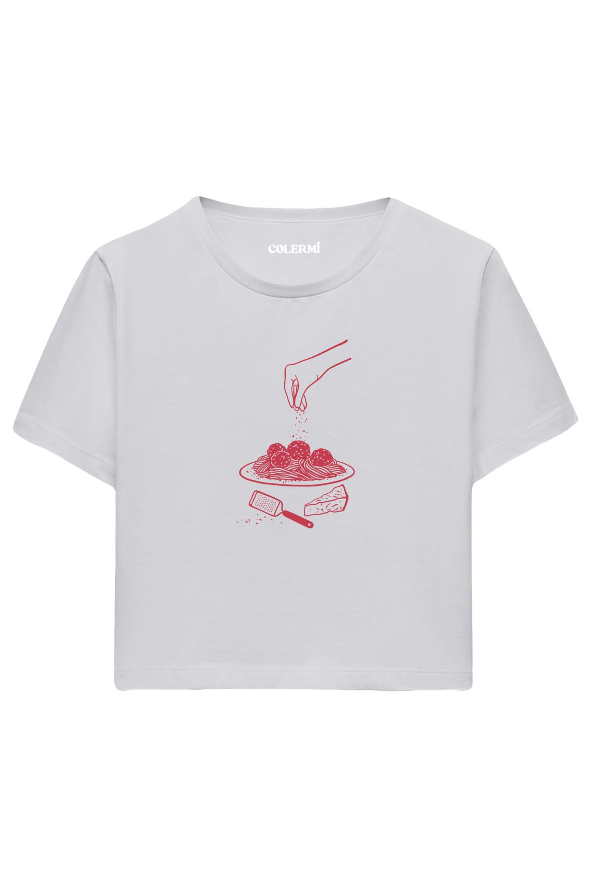 Colermi Makarna ve Peynir Baskılı %100 Pamuk Kadın Crop Tshirt