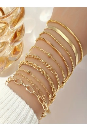 MK AKSESUAR 10 Parça Kadın Üst Üste Bilezik Seti - Zarif Büküm & Yılan Zincir...