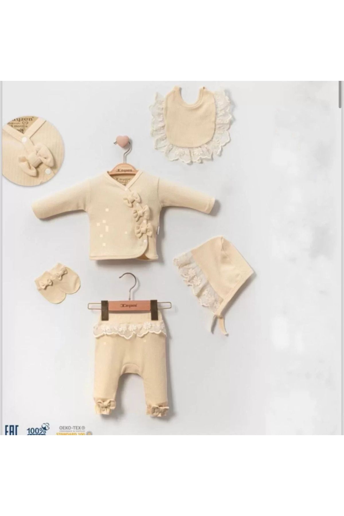 Shop58 Dantelli İşlemeli Kurdaleli 5li Kız Bebek Hastane Çıkışı %100 Pamuk