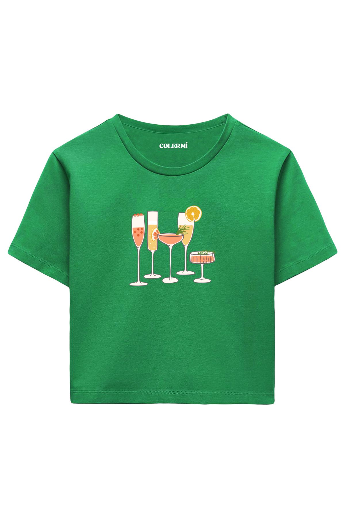 Colermi Kokteyl Bardakları Baskılı %100 Pamuk Kadın Crop Tshirt