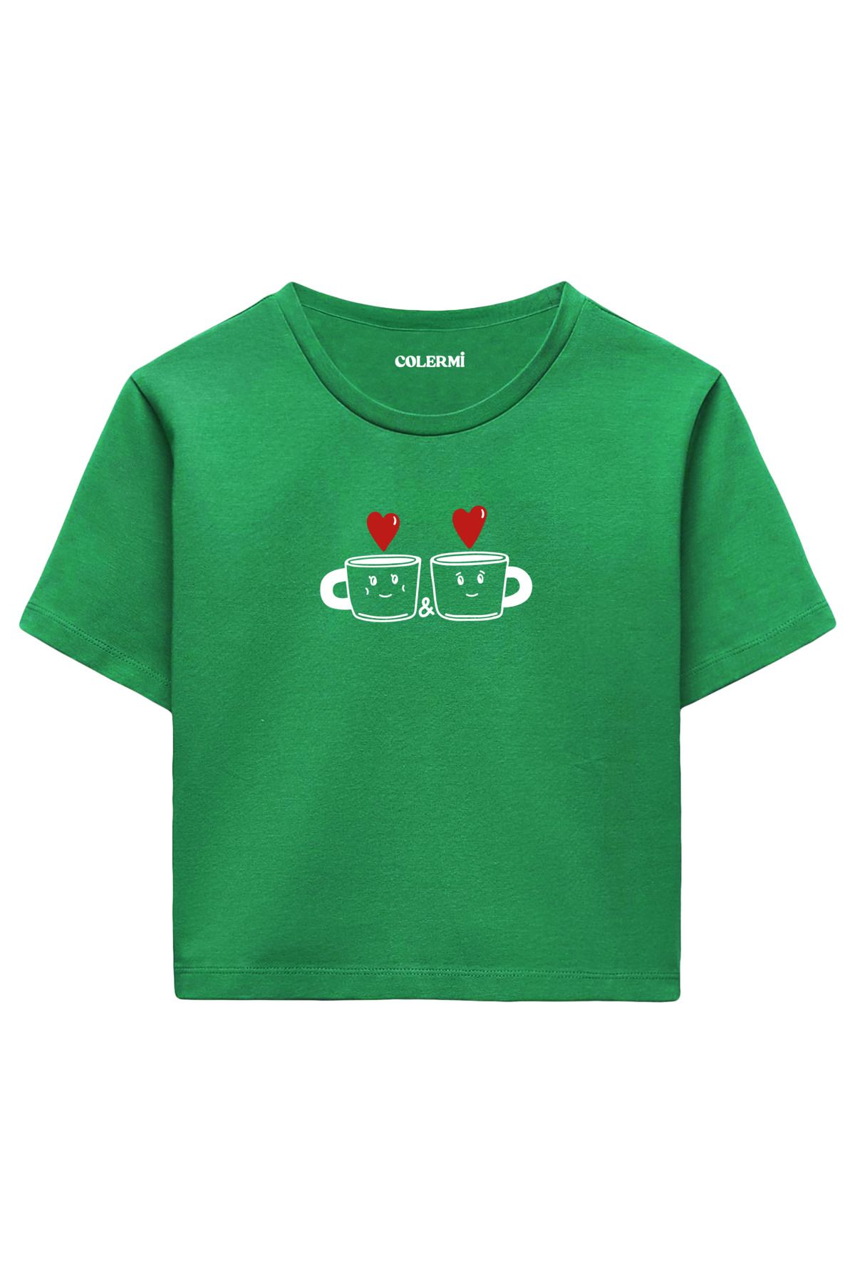 Colermi Kalpli Kahve Fincanı Baskılı %100 Pamuk Kadın Crop Tshirt