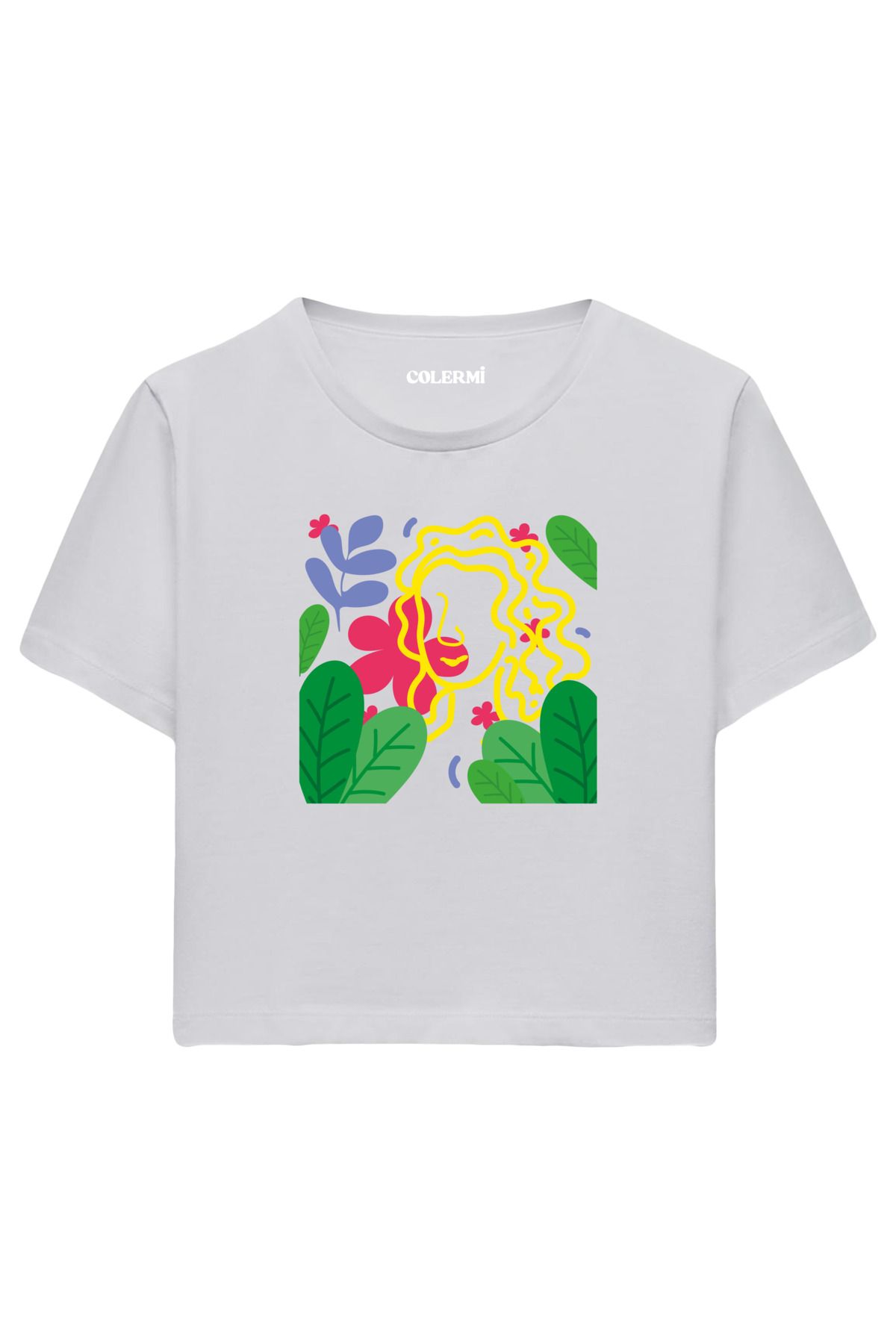 Colermi Çiçekler Arasında Kadın Yüzü Baskılı %100 Pamuk Kadın Crop Tshirt