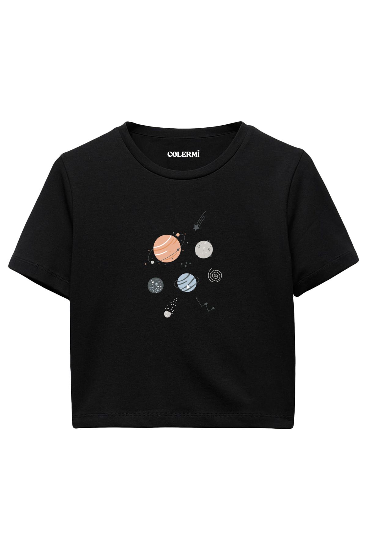 Colermi Minimal Gezegenler Baskılı %100 Pamuk Kadın Crop Tshirt
