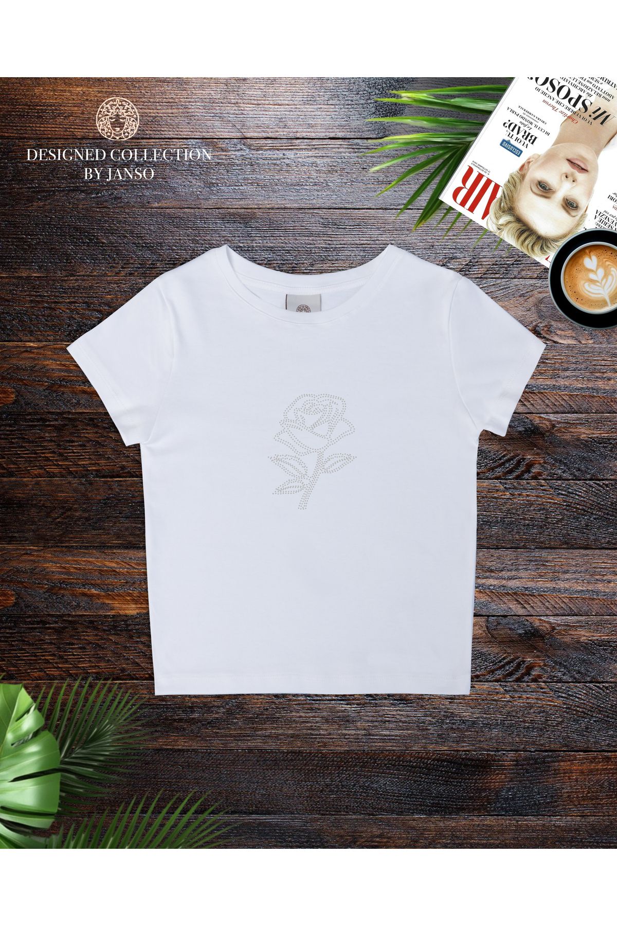 JANSO GROUP -KADIN KISA KOLLU CROP TSHIRT TOP FLOWER BASKILI PAMUKLU KUMAŞ