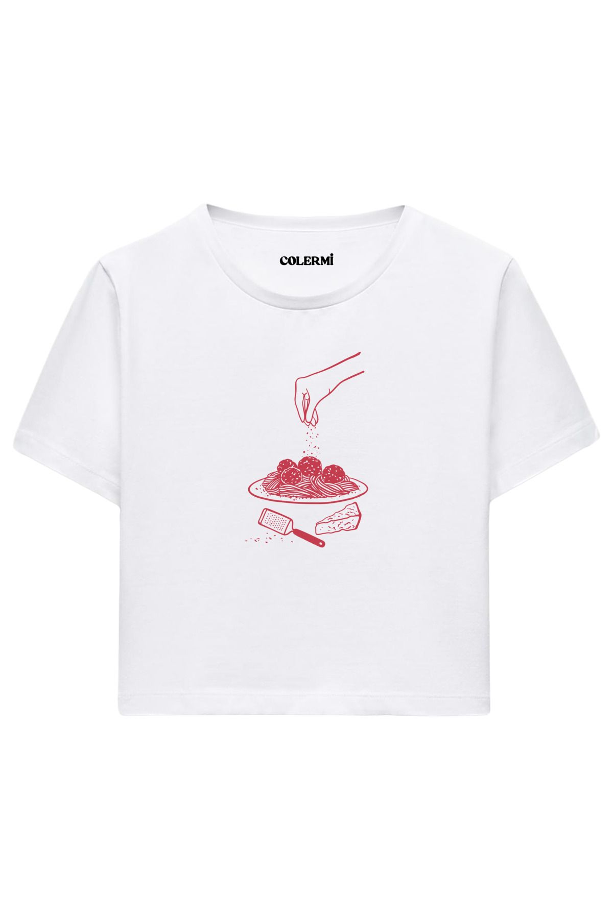 Colermi Makarna ve Peynir Baskılı %100 Pamuk Kadın Crop Tshirt