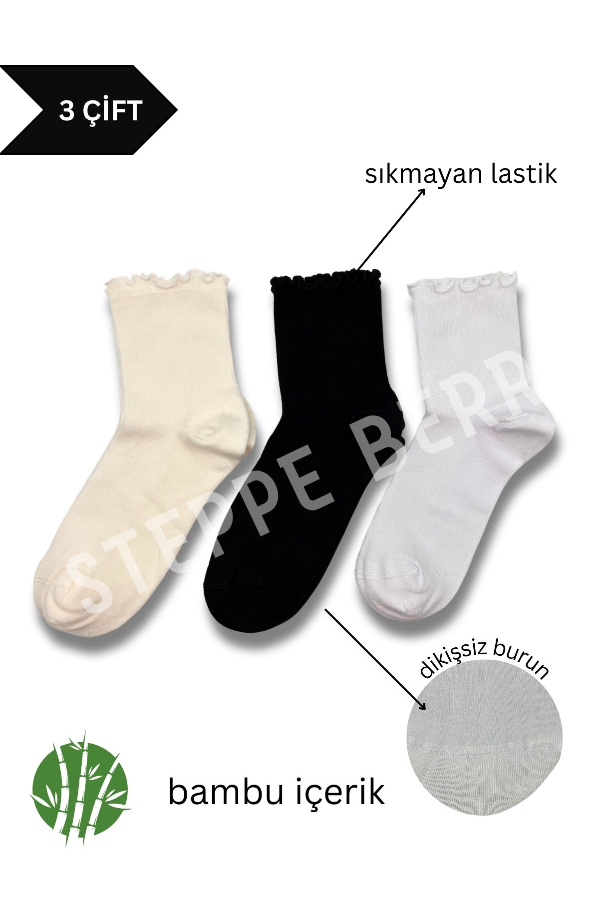 STEPPE BERRY 3 Çift Kadın Fırfırlı Premium Soket Bambu Çorap