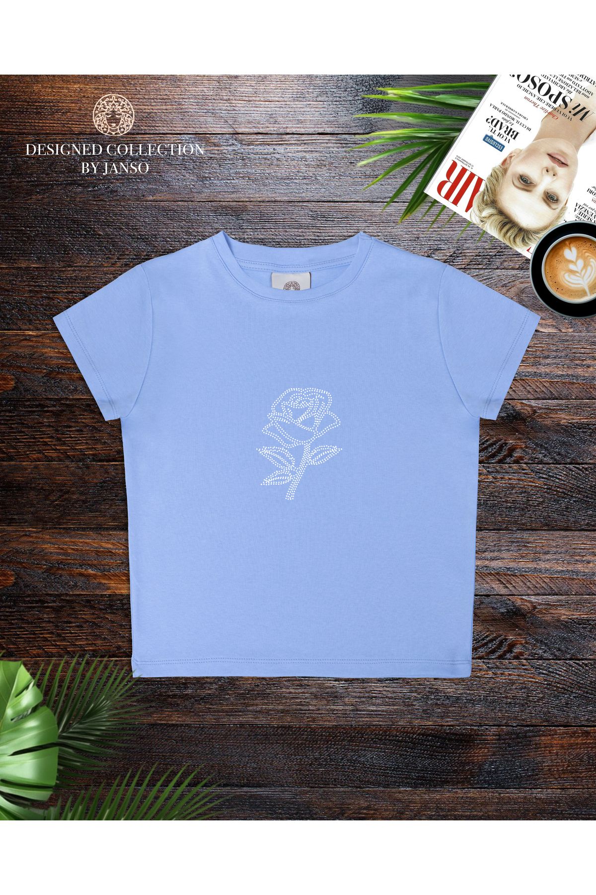 JANSO GROUP -KADIN KISA KOLLU CROP TSHIRT TOP FLOWER BASKILI PAMUKLU KUMAŞ
