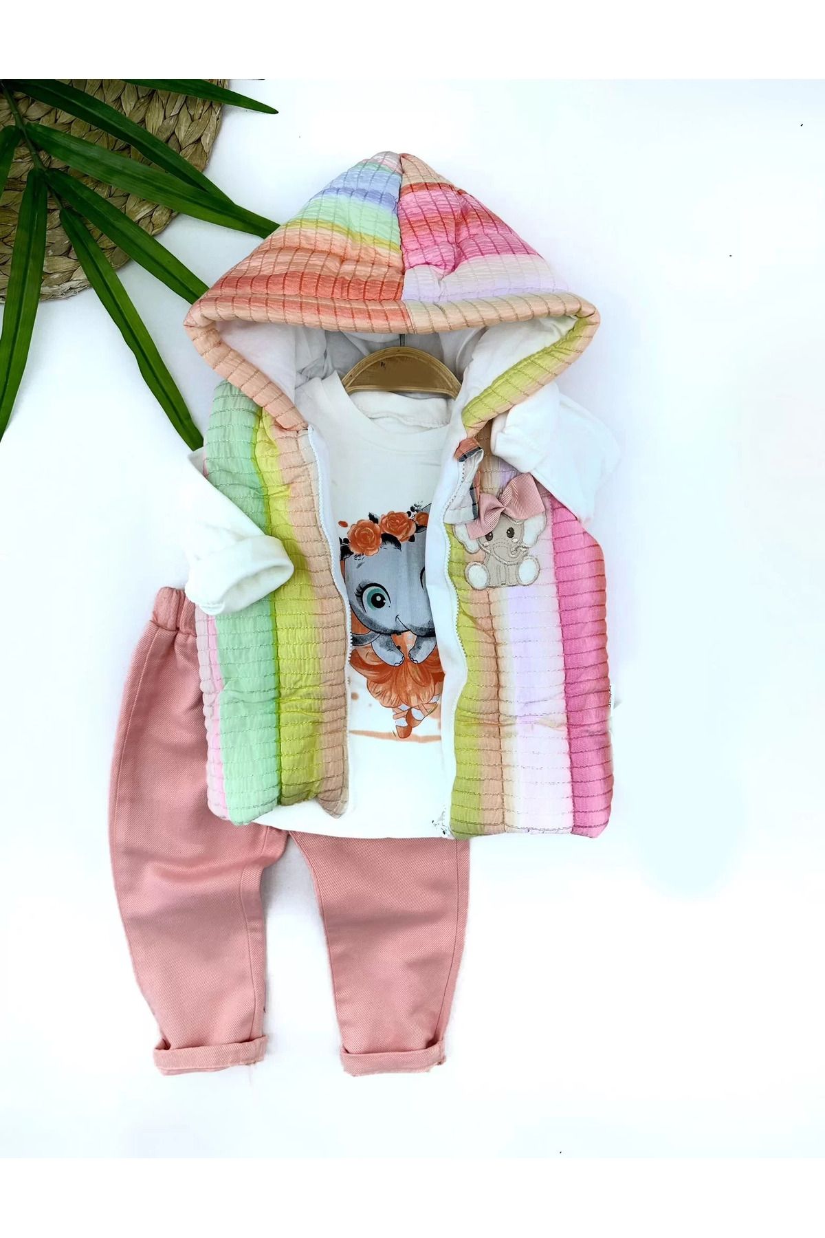 Shop58 Kapşonlu Fermuarlı Gökkuşağı Şişme Yelek Sweat Pantolonlu 3lü Kız Erkek Bebek Takımı