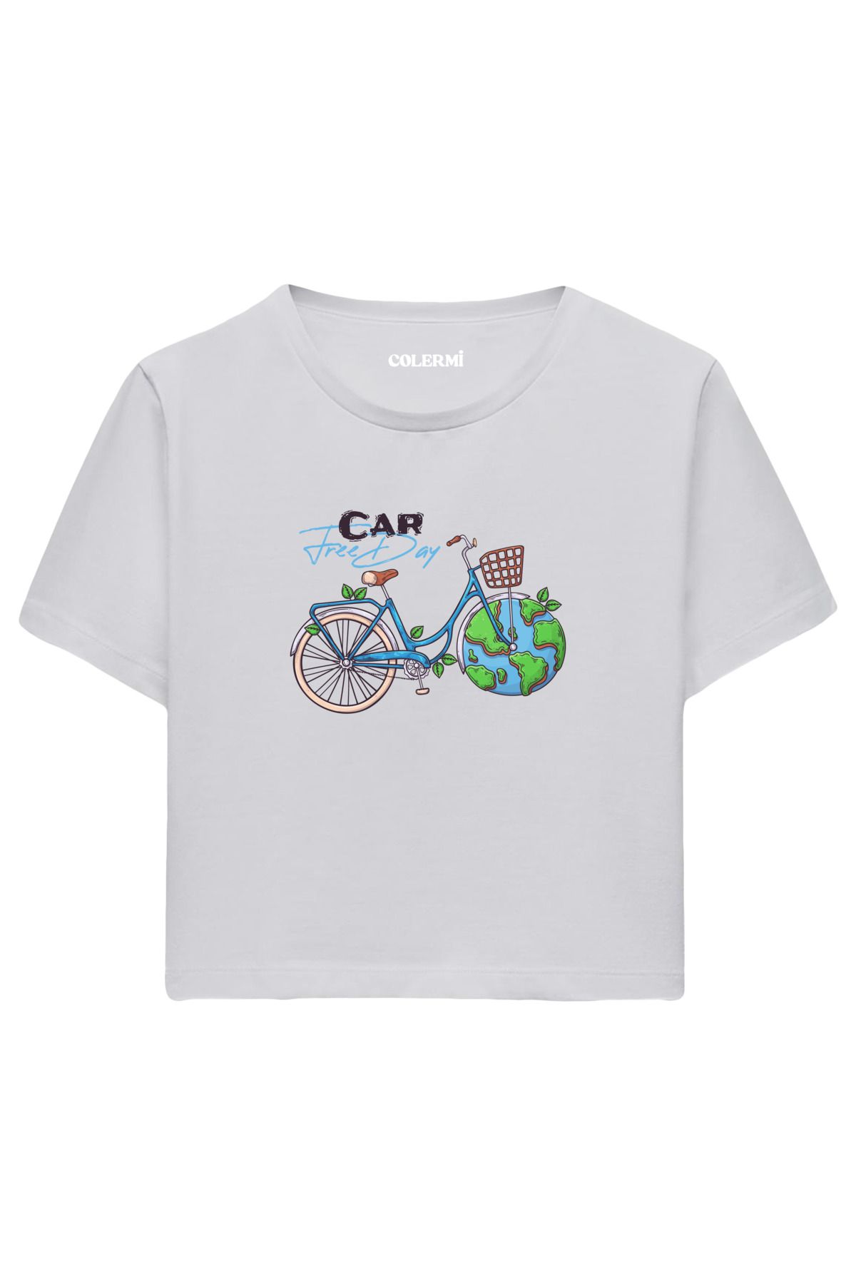 Colermi Car Free Day Baskılı %100 Pamuk Kadın Crop Tshirt