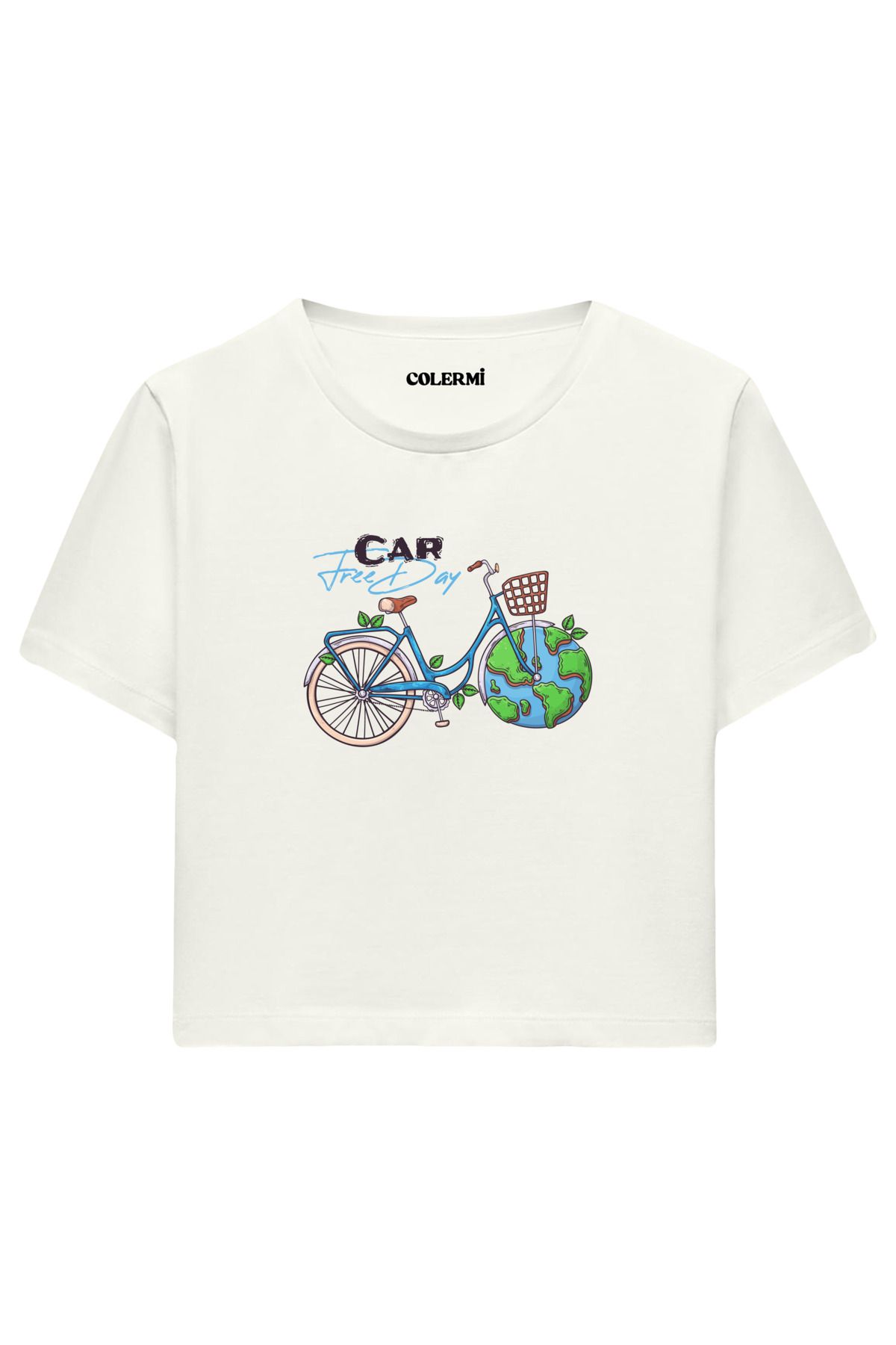 Colermi Car Free Day Baskılı %100 Pamuk Kadın Crop Tshirt
