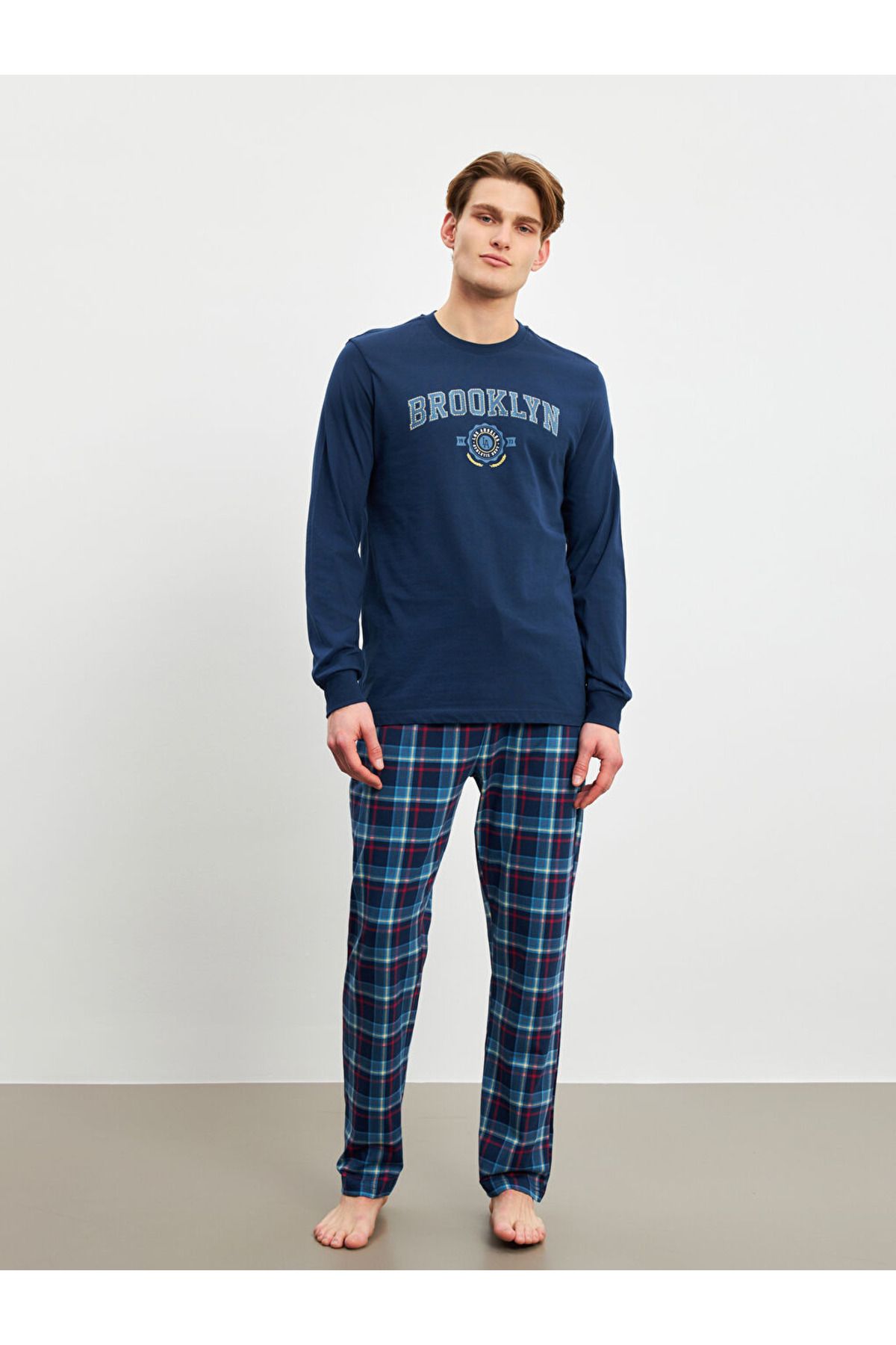 LC Waikiki Lacivert Standart Kalıp Ekose Erkek Pijama Takımı