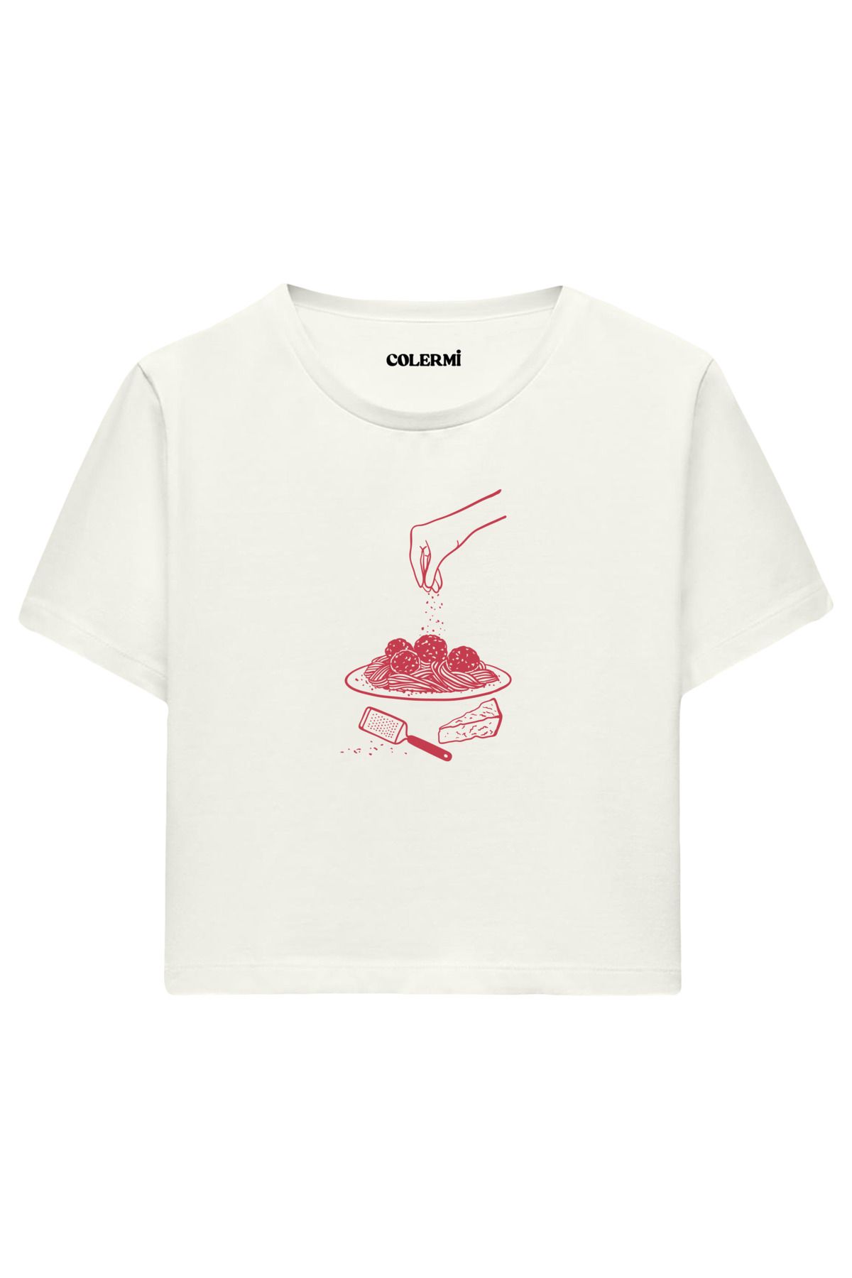 Colermi Makarna ve Peynir Baskılı %100 Pamuk Kadın Crop Tshirt