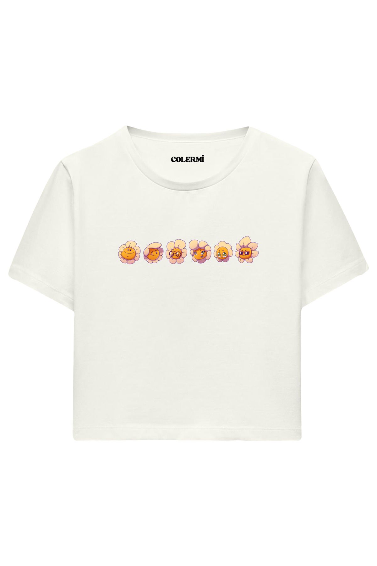 Colermi Emoji Çiçek Karakter Baskılı %100 Pamuk Kadın Crop Tshirt