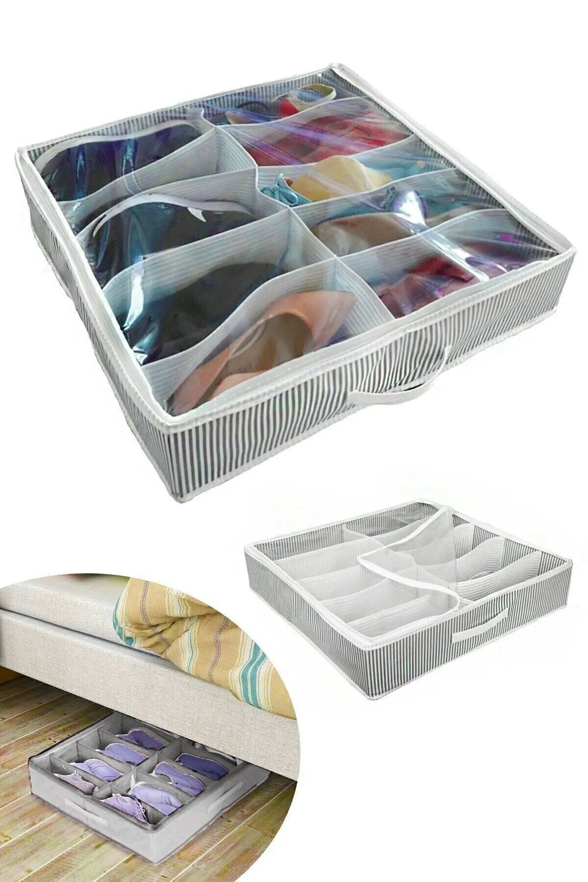Babuşa Ayakkabı Saklama Çantası 12 Bölmeli Shoes Under Ayakkabı Hurcu - Siyah Beyaz