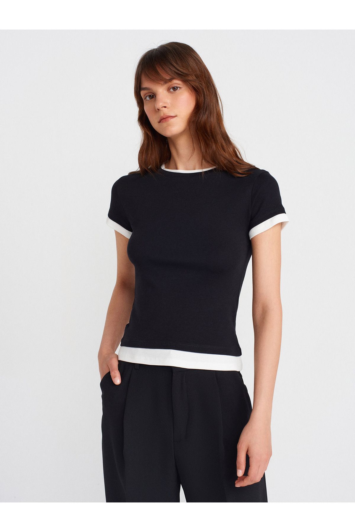 Dilvin 31859 Çift Görünümlü T-shirt-Siyah