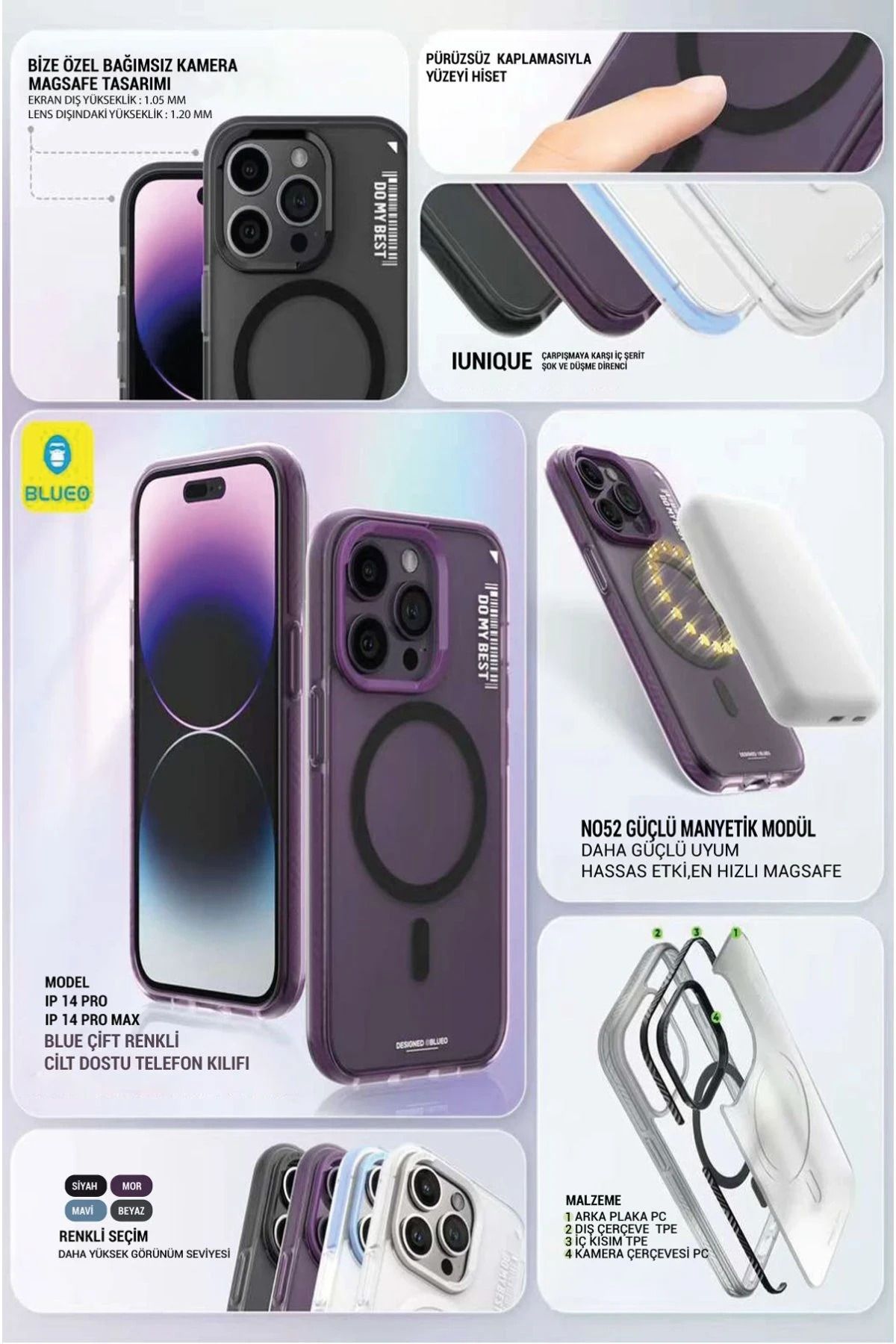 NewFace iPhone 14 Pro Kılıf Blueo Friendly Magsafe Kapak - Derin Mor NRMSA