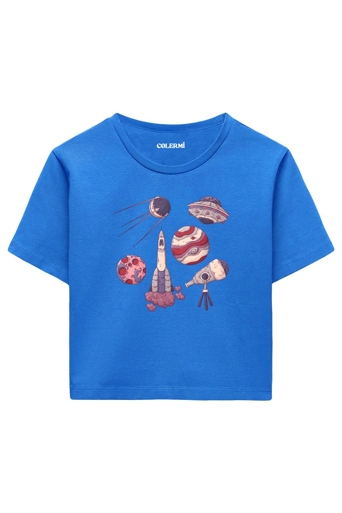 Colermi Retro Uzay Figürleri Baskılı %100 Pamuk Kadın Crop Tshirt
