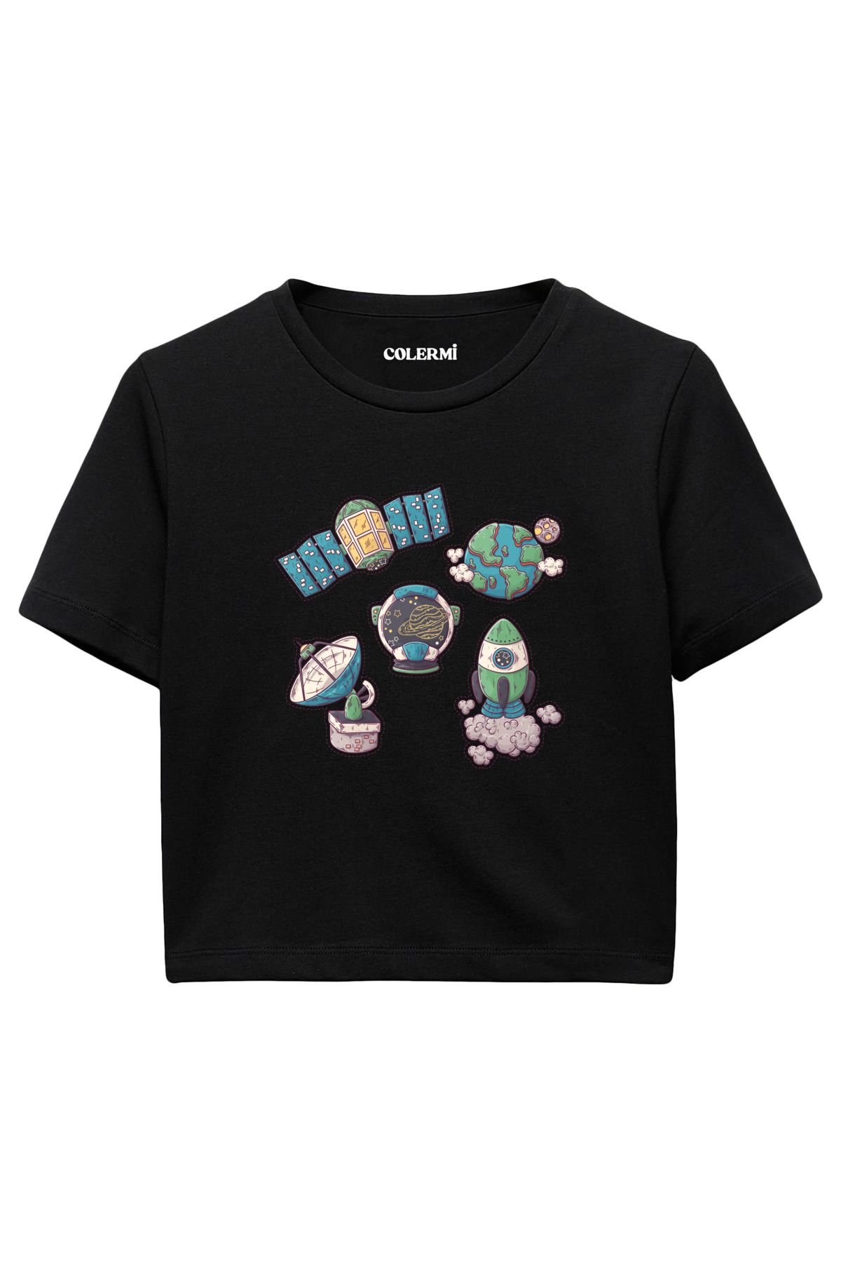 Colermi Uzay Keşif Temalı %100 Pamuk Kadın Crop Tshirt