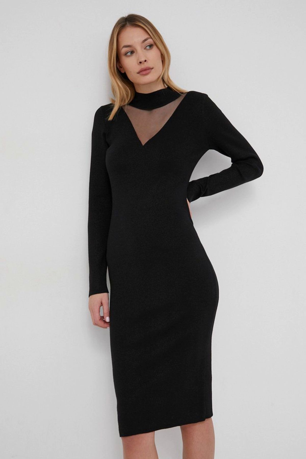 Guess-Rochie midi tricotata Guess cu segment transparent Negru L INTL 3