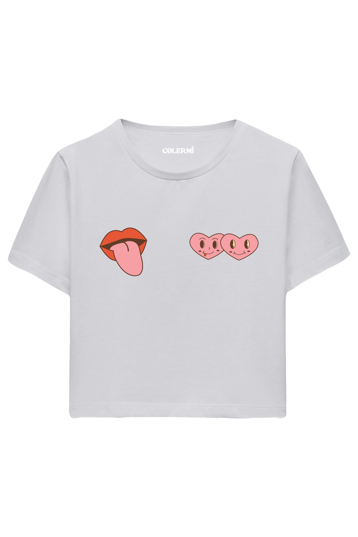 Colermi Dudak ve Kalp Emoji Baskılı %100 Pamuk Kadın Crop Tshirt