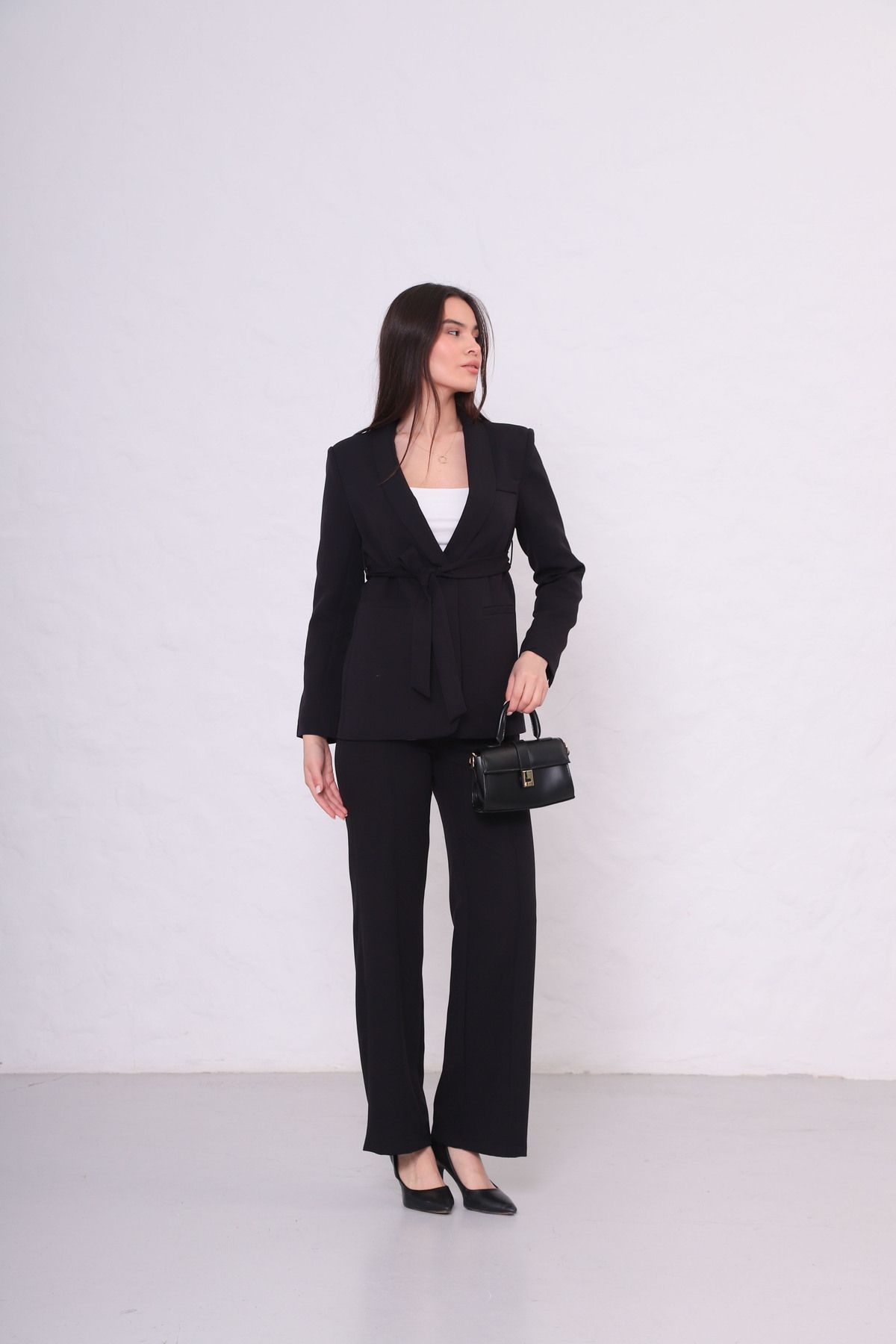 stcococix since 1990 kadın kuşaklı blazer ceket bol paça pantolon takım