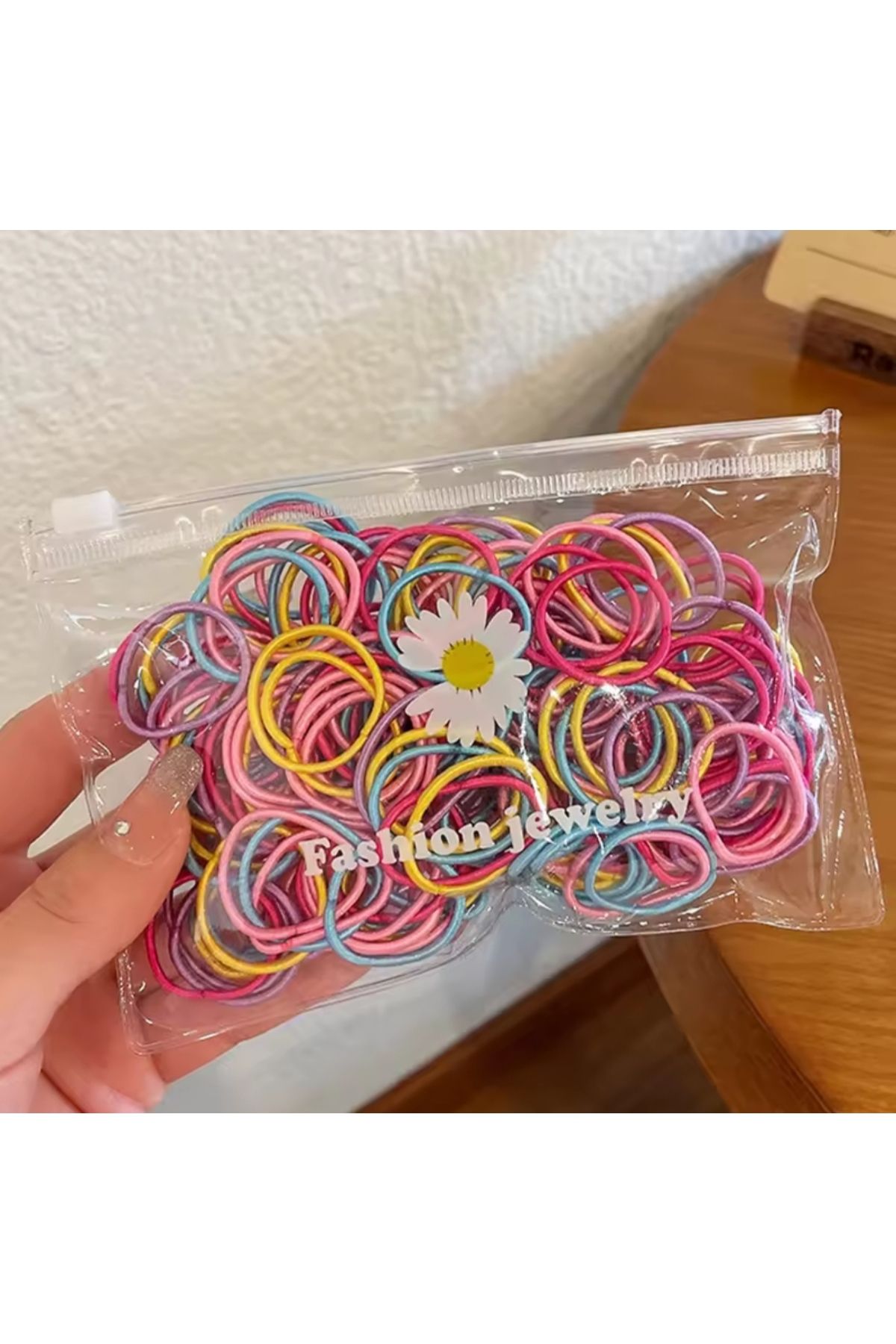 MutluBiDünya Papatya Desen Şeffaf Çantalı 50 Adet Soft Renklerde Kumaş Lastik Toka