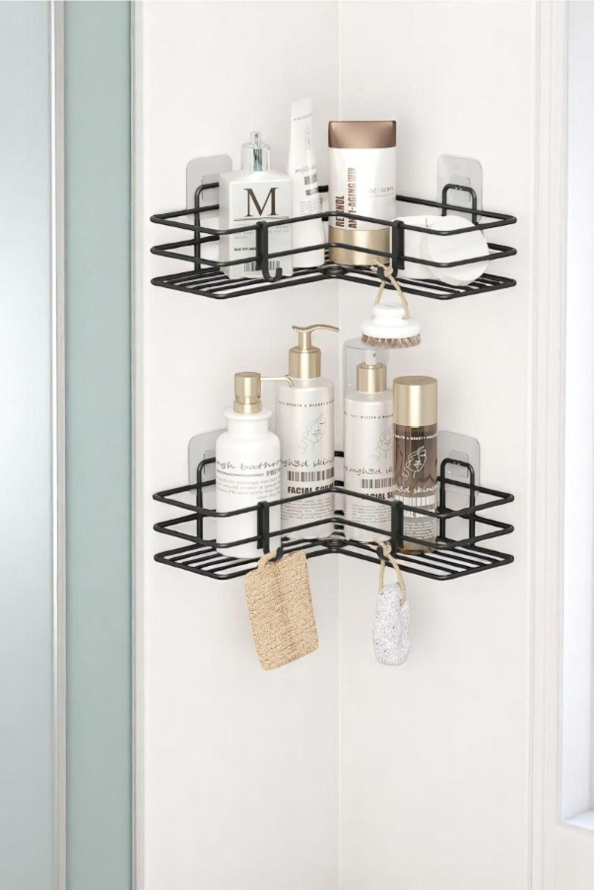 Magic Objects 2'li Yapışkanlı Kancalı Banyo Rafı, 2 Adet Banyo Düzenleyici, Banyo Askısı Şampuanlık Organizer Raf