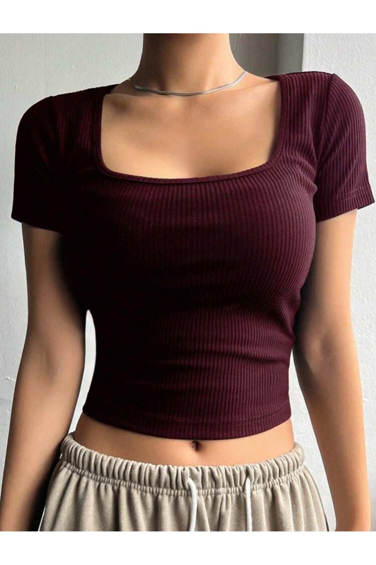 Lorya Giyim Kadın Fitilli Kaşkorse Kumaş KARE YAKA Vücudu Saran CROP T-SHİRT