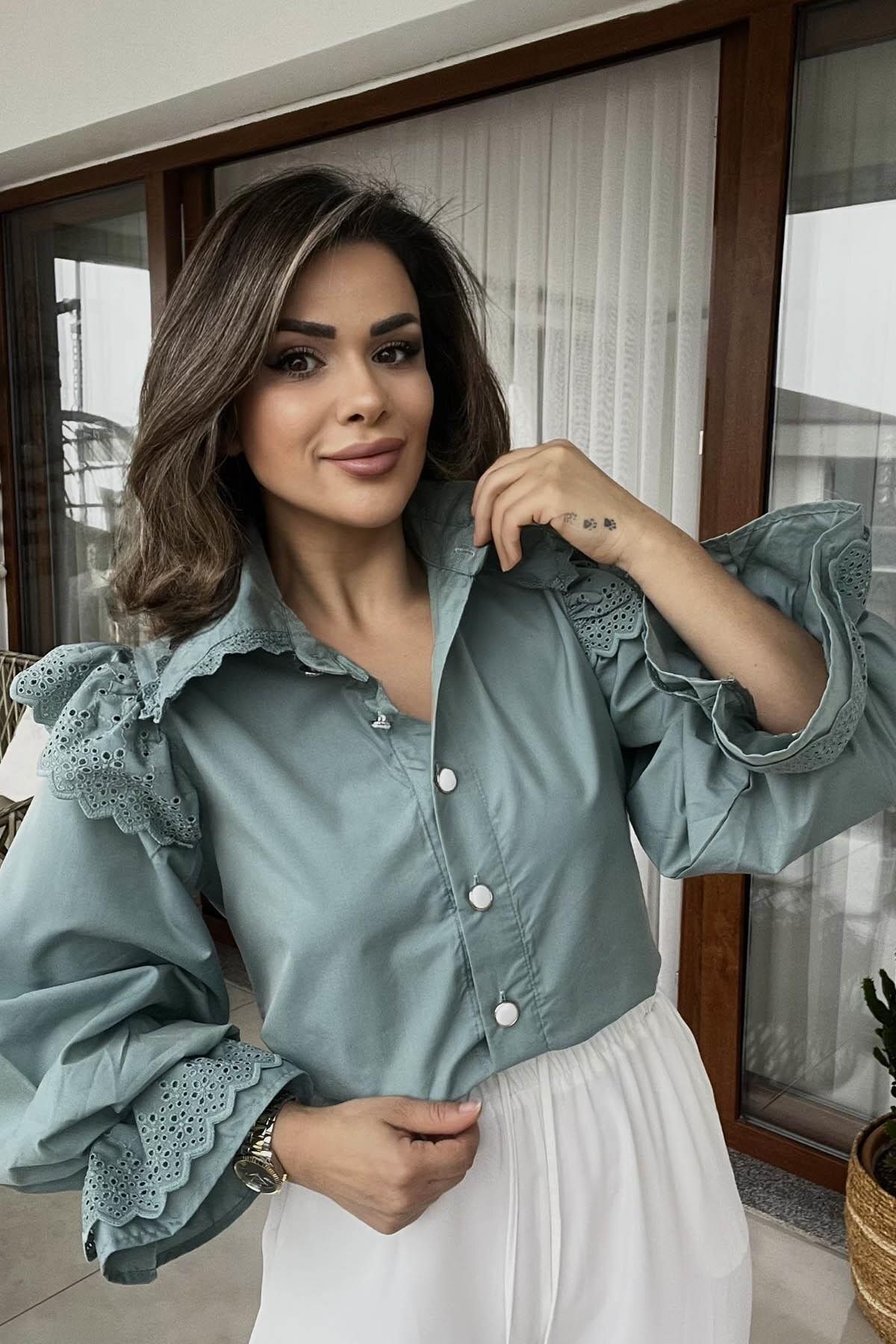 Eswomes Bebe Yaka Balon Kol Gömlek Mint Yeşili