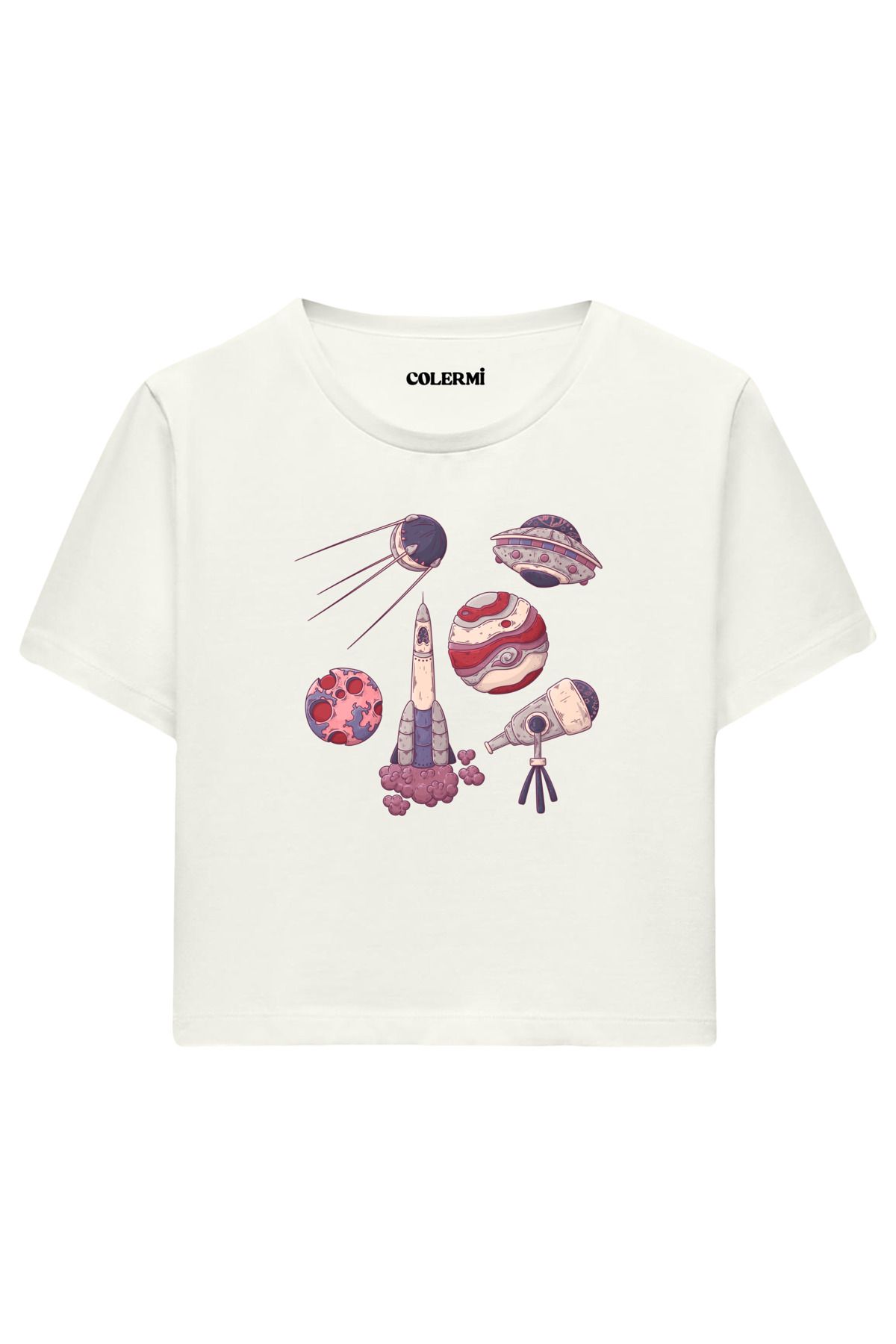 Colermi Retro Uzay Figürleri Baskılı %100 Pamuk Kadın Crop Tshirt