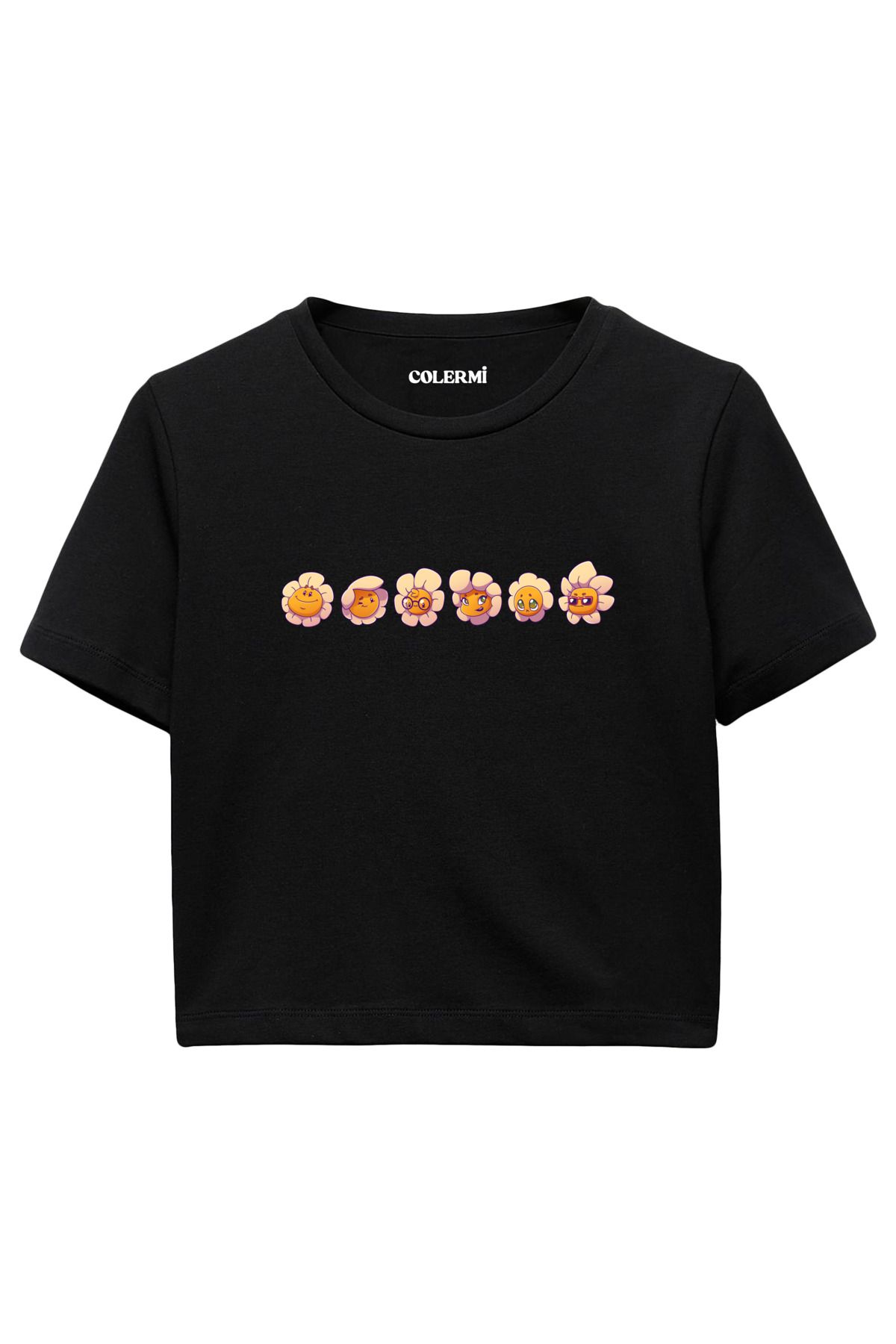 Colermi Emoji Çiçek Karakter Baskılı %100 Pamuk Kadın Crop Tshirt