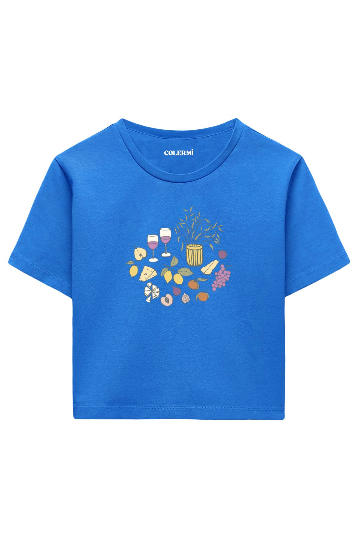 Colermi Natürmort Meyve ve Kadeh Baskılı %100 Pamuk Kadın Crop Tshirt